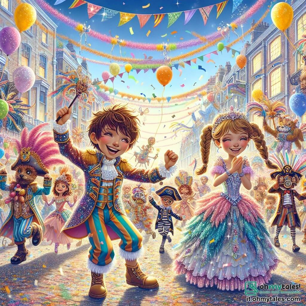 Illustrazione che rappresenta una scena vibrante del carnevale in una città in festa. Le strade sono decorate con festoni colorati e palloncini fluttuanti, mentre coriandoli volano nell'aria, illuminati dal sole di una bella giornata di febbraio. Al centro dell'immagine, un ragazzo di 11 anni, con i capelli castani arruffati e un grande sorriso, indossa un costume multicolore scintillante, ornato di piume e paillettes. Danza gioiosamente, con le braccia alzate, circondato da un'atmosfera di felicità contagiosa. Accanto a lui, una ragazza della sua età, con i capelli biondi intrecciati e occhi scintillanti, indossa un costume da principessa dalle tonalità pastello e applaude con entusiasmo. Sullo sfondo, altri bambini, vestiti da pirati e animali, si uniscono alla danza, creando un'atmosfera festosa. La scena è piena di musica, risate e gioia, con carri decorati con motivi fantastici che sfilano lentamente, aggiungendo magia al momento. Stelle cadenti e lampi di luce conferiscono un tocco fiabesco a questa illustrazione colorata del carnevale.