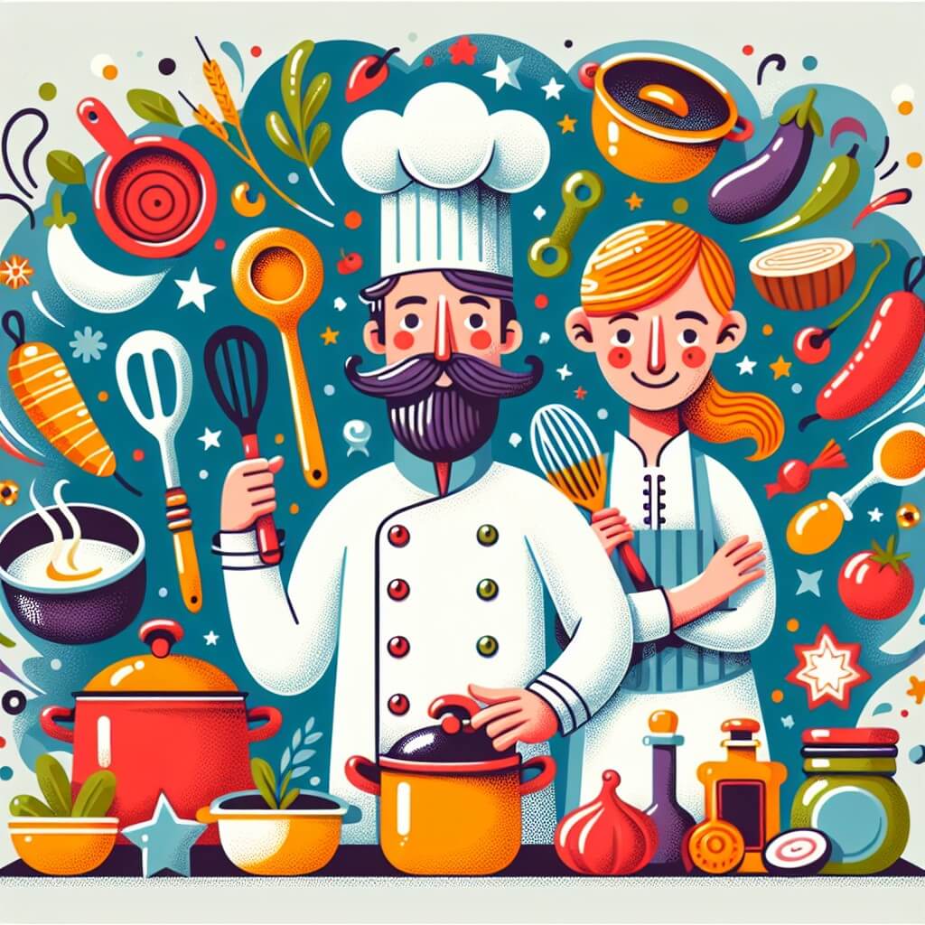 Une illustration destinée aux enfants représentant un chef cuisinier passionné, entouré de casseroles et d'ustensiles de cuisine, accompagné de son fidèle commis, dans une cuisine magique remplie d'ingrédients colorés et de délicieuses odeurs, prête à accueillir de merveilleuses aventures culinaires.