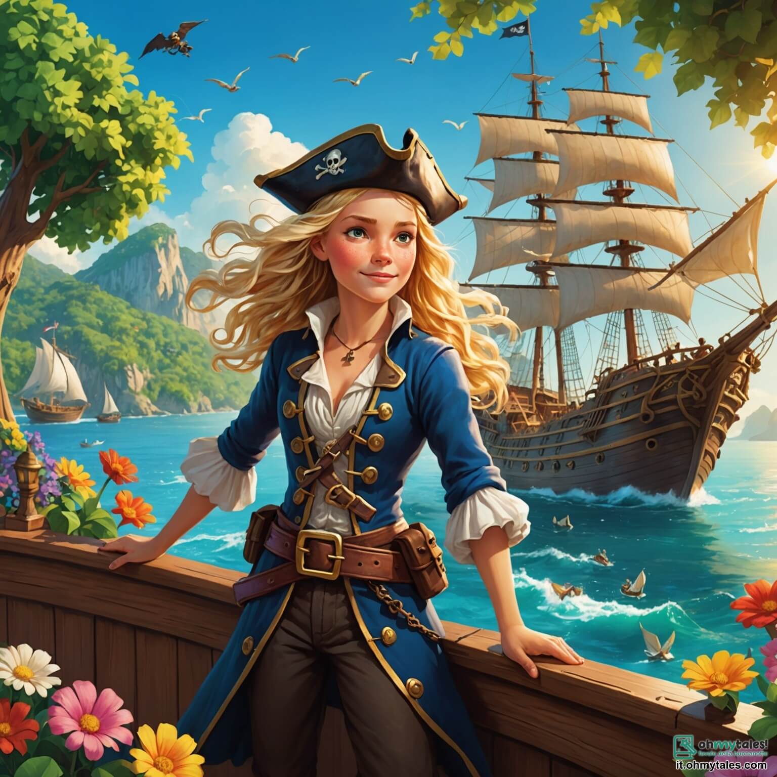 Une illustration destinée aux enfants représentant une intrépide piratessa dai capelli biondi scintillanti, che naviga su un'imponente nave pirata con vele spiegate, alla ricerca di un tesoro nascosto su un'isola misteriosa ricoperta di alberi lussureggianti e fiori colorati, accompagnata da un giovane mozzo pieno di entusiasmo, mentre il sole splende e il mare blu si estende all'infinito.