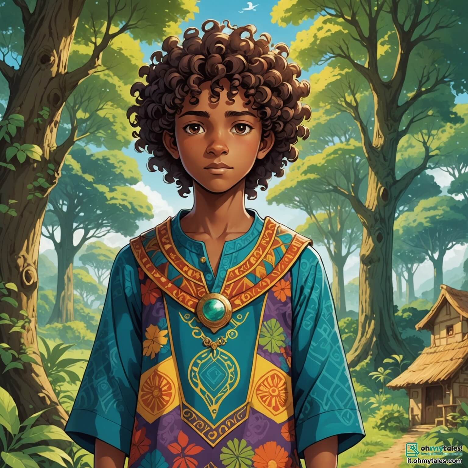 Une illustration destinée aux enfants représentant un jeune homme au regard rêveur et aux cheveux crépus, vêtu d'une tunique colorée ornée de motifs africains, qui, dans un village pittoresque niché au cœur d'une forêt luxuriante où les arbres majestueux s'élèvent vers le ciel comme des géants bienveillants, se lance dans une quête palpitante à la recherche d'un trésor caché, accompagné d'une petite lepre agile et curieuse au pelage doré, et d'un sage éléphant au grand cœur, dont la peau rugueuse est parsemée de cicatrices racontant des histoires anciennes, tandis que le doux chant des oiseaux et le murmure des feuilles dans le vent créent une mélodie enchanteresse autour d'eux.