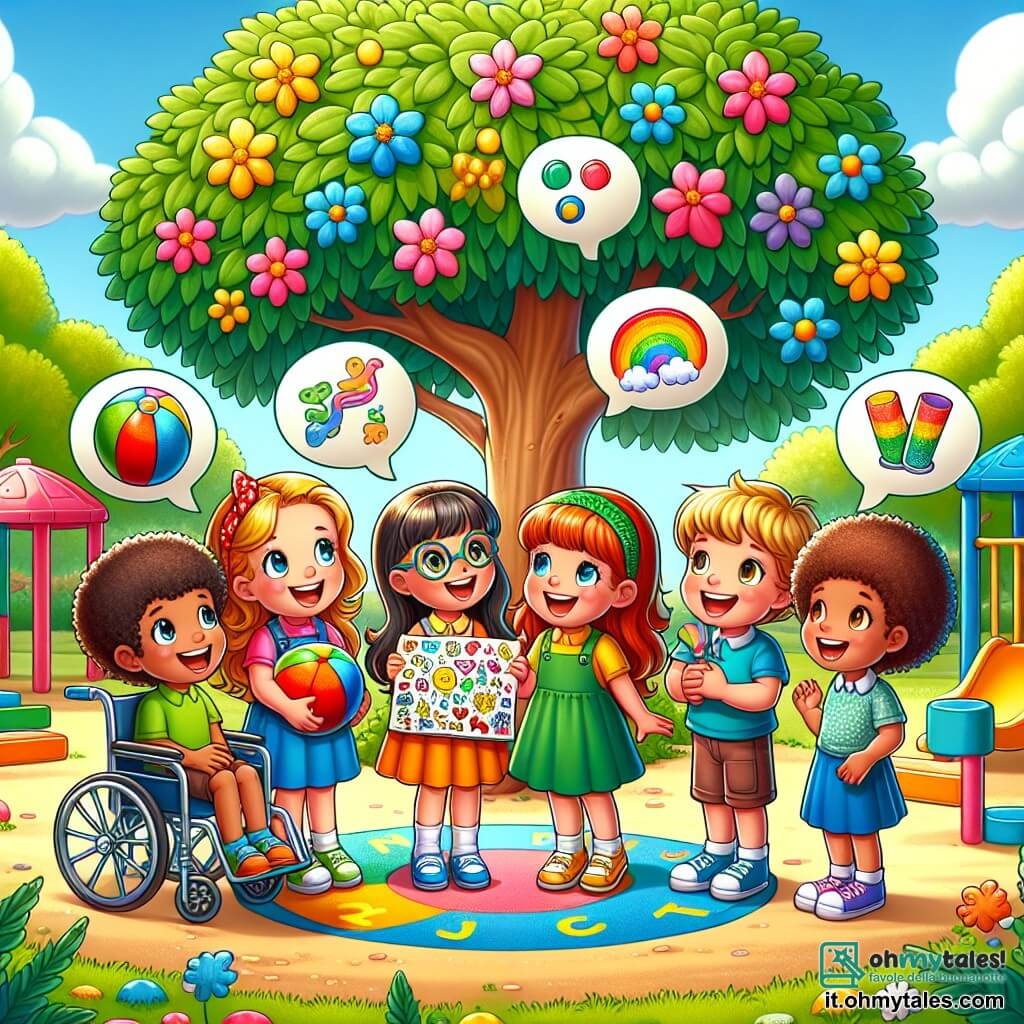 Illustrazione che rappresenta una scena gioiosa in un cortile scolastico soleggiato, circondato da alberi verdi e fiori colorati. Al centro, un grande albero di magnolia offre ombra, mentre giochi colorati sono sparsi intorno. Quattro ragazze di circa 10 anni si tengono in cerchio. La prima, con capelli castani e ricci, sorride tenendo una palla speciale. La seconda, con capelli biondi e lisci, mostra un grande disegno colorato che ha realizzato. La terza, con capelli rossi e occhiali, canta gioiosamente, mentre la quarta, con capelli castani e corti, recita una poesia con entusiasmo. Nel mezzo di loro, un ragazzo di 11 anni, con capelli neri e un grande sorriso, è seduto su una sedia a rotelle. Guarda le ragazze con ammirazione, pronto a partecipare al gioco. L'atmosfera è piena di risate e complicità, illustrando l'inclusione e l'amicizia. Bolle di dialogo colorate fluttuano intorno, esprimendo parole come "insieme", "amicizia" e "diversità".