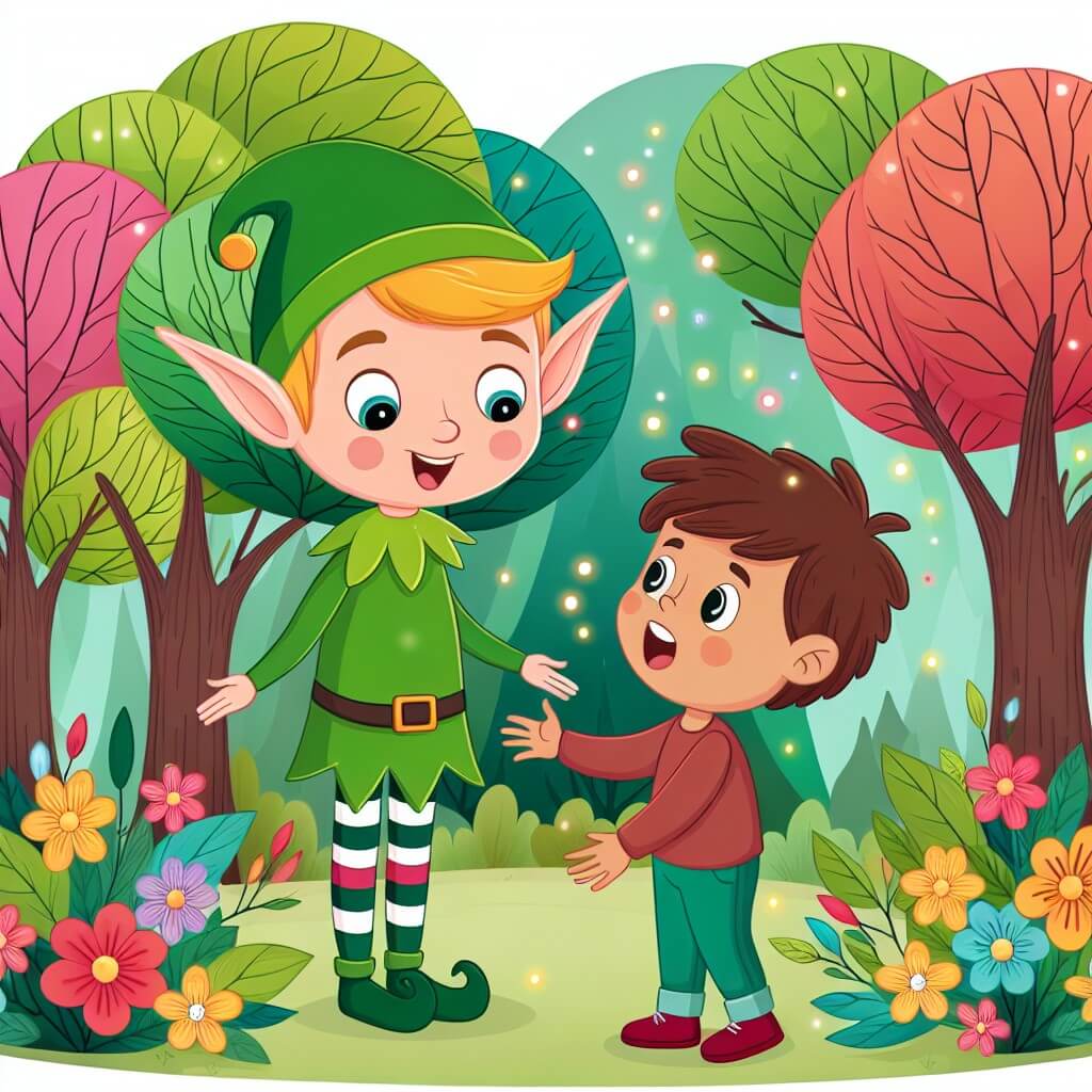 Une illustration destinée aux enfants représentant un jeune garçon curieux se retrouvant nez à nez avec un elfe vert dans une forêt magique, où les arbres ont des feuilles multicolores et les fleurs parlent en riant.