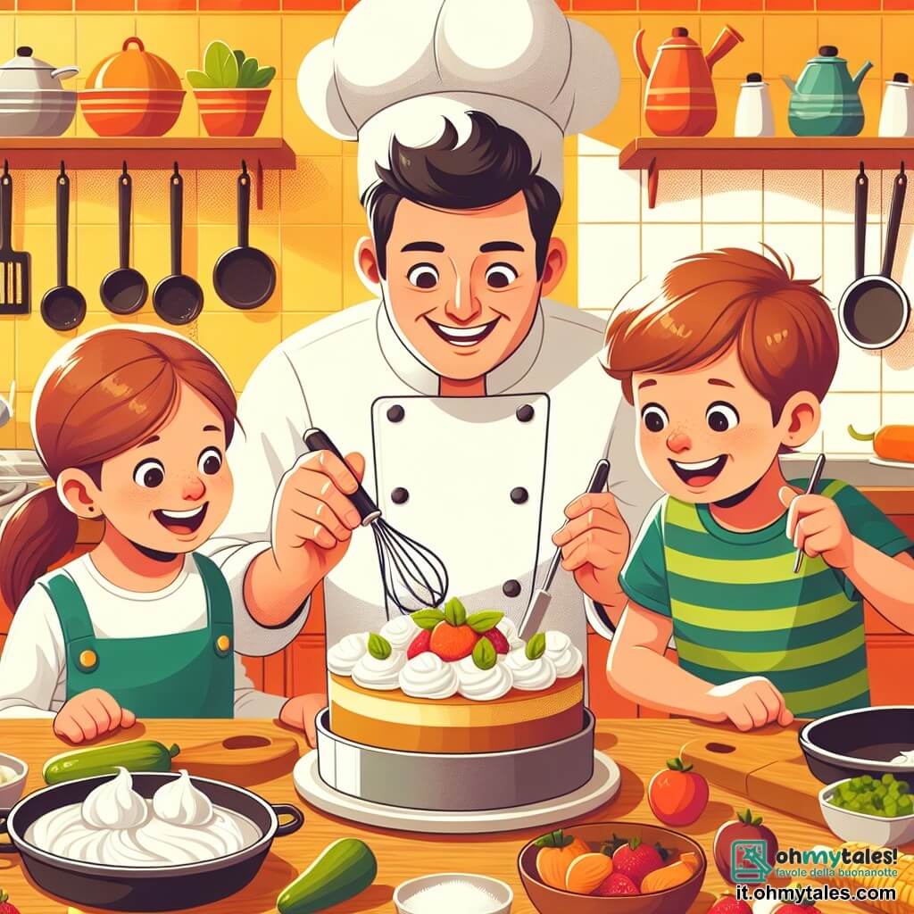 Une illustration destinée aux enfants représentant un chef cuisinier souriant et passionné, aidant deux jeunes enfants curieux à préparer un délicieux dessert, dans une cuisine chaleureuse et colorée remplie de casseroles, ustensiles et ingrédients variés.