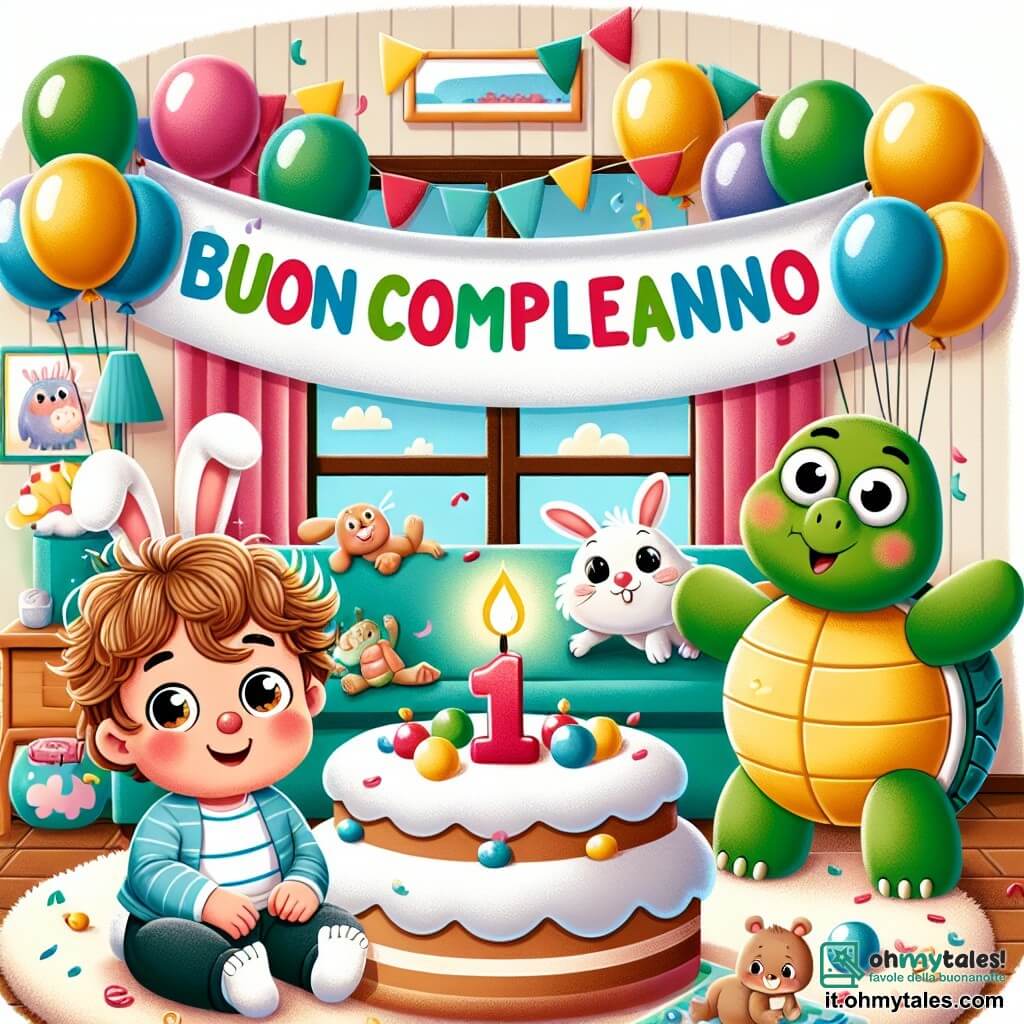 Une illustration sous forme de dessin destinée aux enfants représentant un chaleureux salon décoré de ballons colorés et d'un grand striscione "Buon Compleanno", avec un petit garçon d'un an aux cheveux bouclés et aux yeux pétillants, assis sur un tapis moelleux, souriant avec émerveillement devant une grande torta ornée d'une bougie, tandis qu'un joyeux coniglio aux grandes oreilles blanches et une tartaruga verte avec une carapace brillante dansent autour de lui, célébrant ensemble son anniversaire dans une atmosphère de joie et d'amitié.