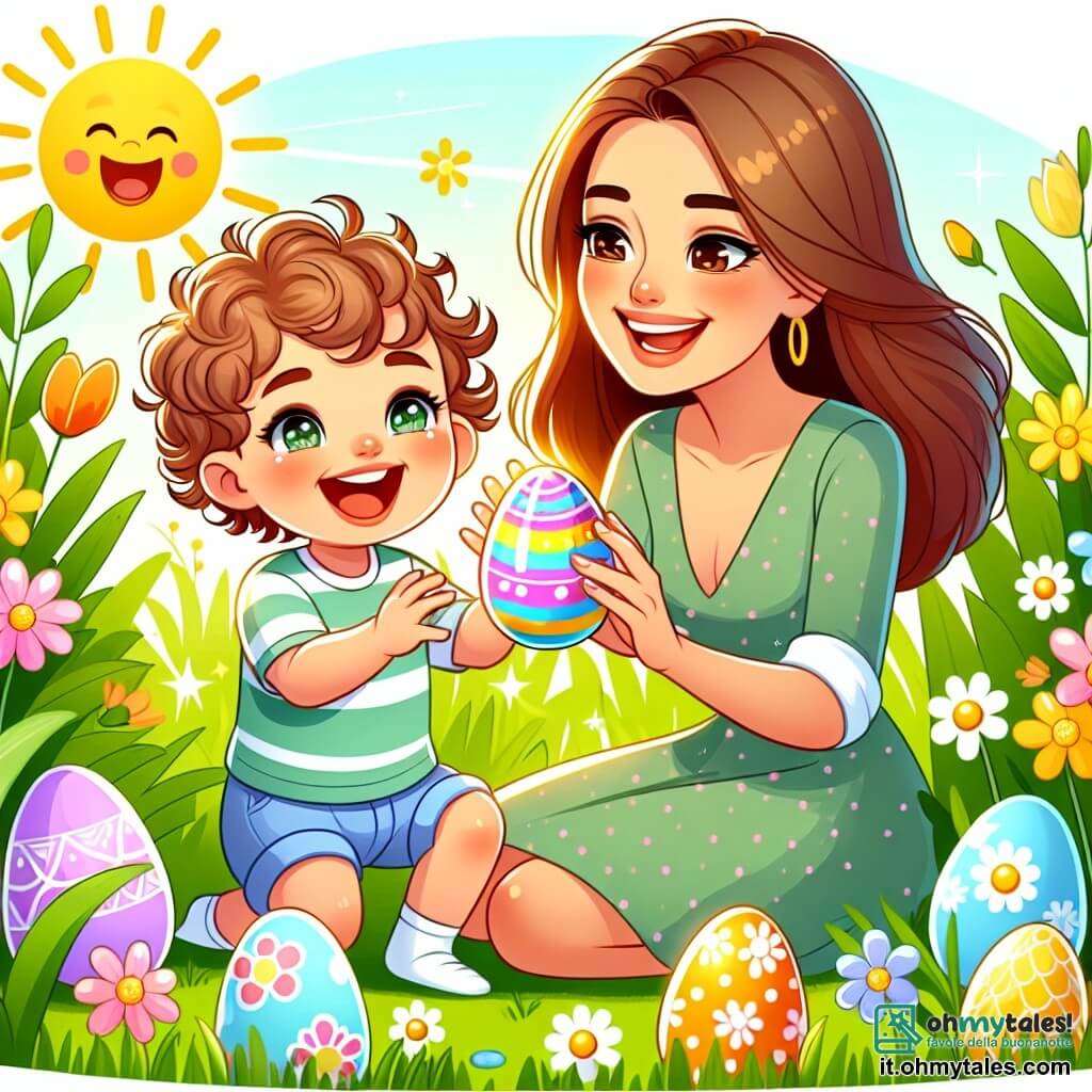 Une illustration sous forme de dessin destinée aux enfants représentant un jardin verdoyant et ensoleillé, avec un petit garçon de 1 an aux cheveux bouclés et aux yeux pétillants, qui rit en tenant une œuf de Pâques coloré dans ses mains, tandis que sa maman, une femme souriante aux cheveux longs et bruns, l'encourage en tenant une autre œuf décoré, entourés de fleurs éclatantes et d'autres œufs cachés dans l'herbe, capturant l'excitation joyeuse de la chasse aux œufs de Pâques.