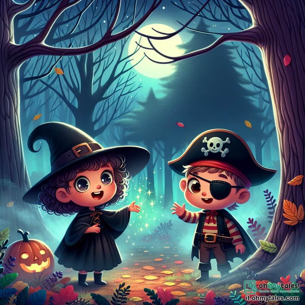 Une illustration sous forme de dessin destinée aux enfants représentant une forêt mystérieuse enveloppée de brume, avec une petite fille de 5 ans aux cheveux bouclés et aux yeux pétillants, vêtue d'un costume de petite sorcière noir avec un chapeau pointu, qui se tient courageusement devant un grand arbre aux branches dénudées, tandis qu'un garçon pirate avec un bandeau sur l'œil et un sourire espiègle l'encourage à prononcer des mots magiques, le tout illuminé par la douce lumière de la lune et parsemé de feuilles colorées d'automne.