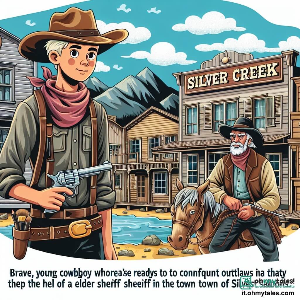 Une illustration destinée aux enfants représentant un jeune cow-boy courageux, prêt à affronter des bandits avec l'aide du vieux shérif, dans la paisible ville de Silver Creek, avec ses rues poussiéreuses et ses saloons typiques de l'Ouest sauvage.