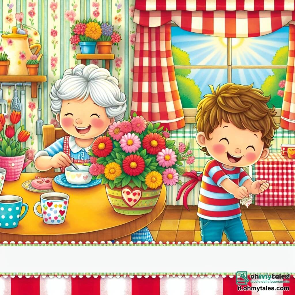 Une illustration destinée aux enfants représentant un jeune garçon plein d'énergie préparant une surprise spéciale pour sa maman pour la Fête des Mères, avec sa nonna souriante assise à une table de cuisine colorée, entourés de pots de fleurs fleurissant et de tasses à motifs joyeux, dans une cuisine chaleureuse et accueillante remplie de lumière du soleil filtrant à travers les rideaux à carreaux rouges et blancs.