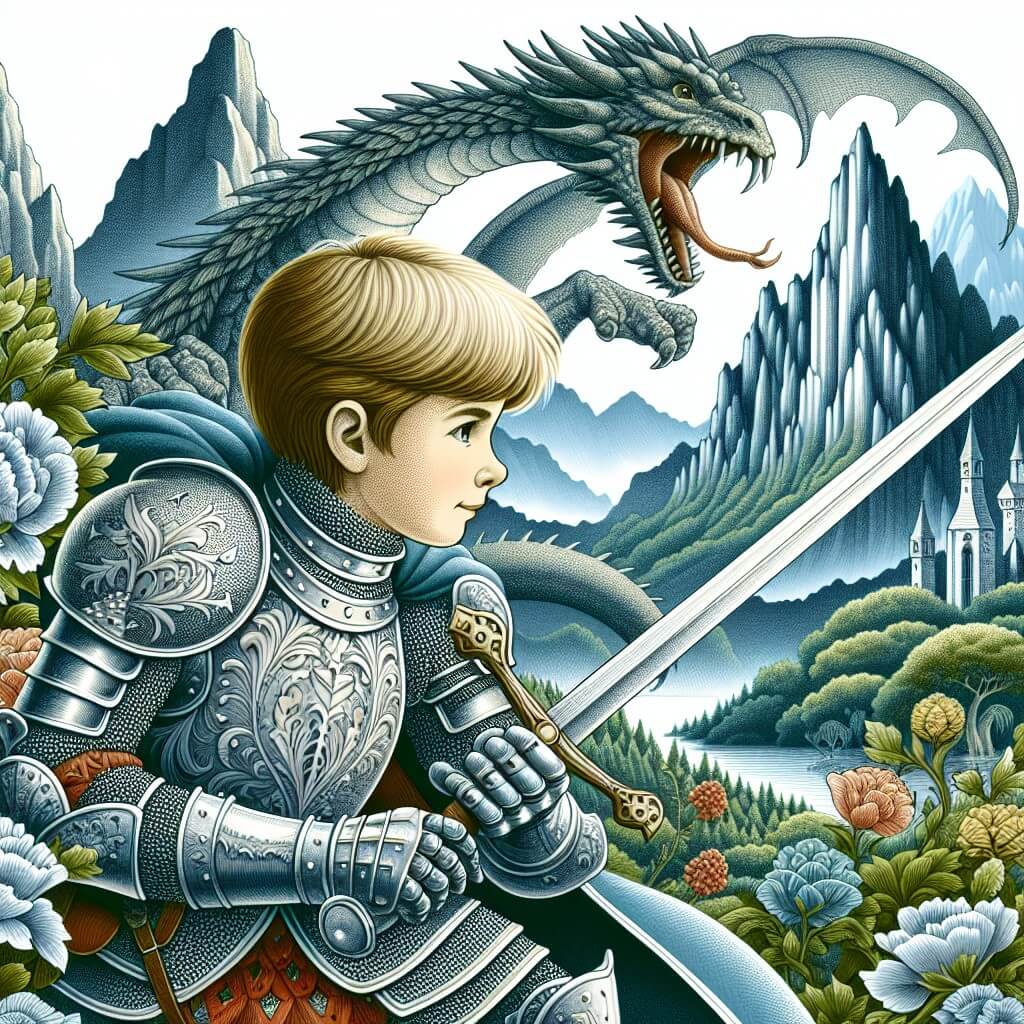 Une illustration destinée aux enfants représentant un jeune homme courageux, vêtu d'une armure étincelante, combattant un dragon féroce dans un paysage enchanteur où des montagnes majestueuses se dressent derrière lui, tandis qu'une forêt mystérieuse s'étend à perte de vue.