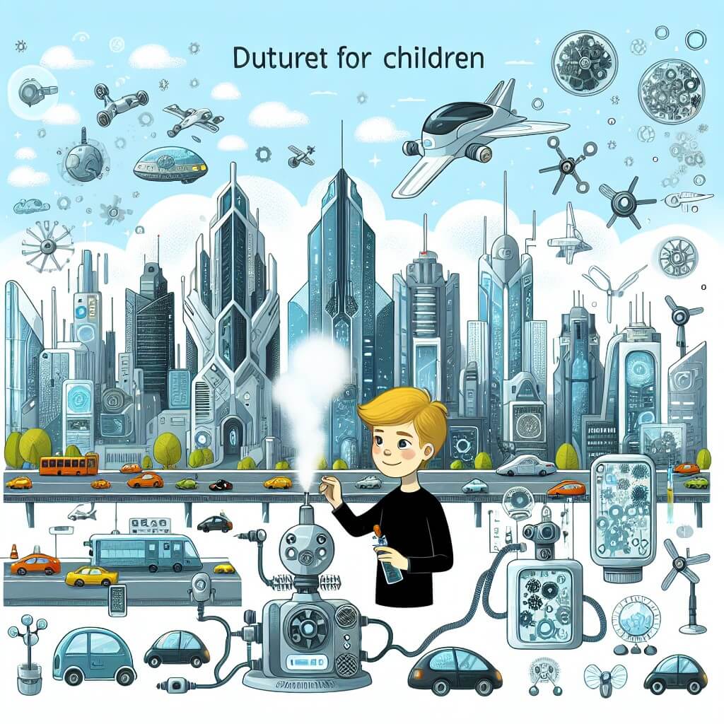 Une illustration destinée aux enfants représentant un jeune garçon passionné de technologie, qui invente une machine futuriste pour purifier l'air pollué d'une ville futuriste remplie de grattacieli étincelants, de véhicules volants et de robots occupés.