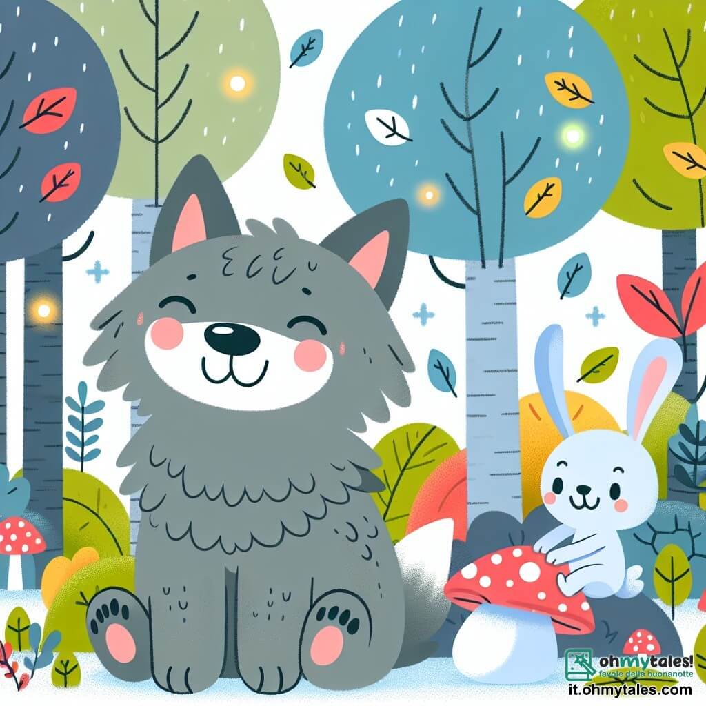 Une illustration destinée aux enfants représentant un loup un peu maladroit, un lapin joyeux, dans une forêt enchantée avec des arbres aux feuilles colorées et des champignons lumineux.