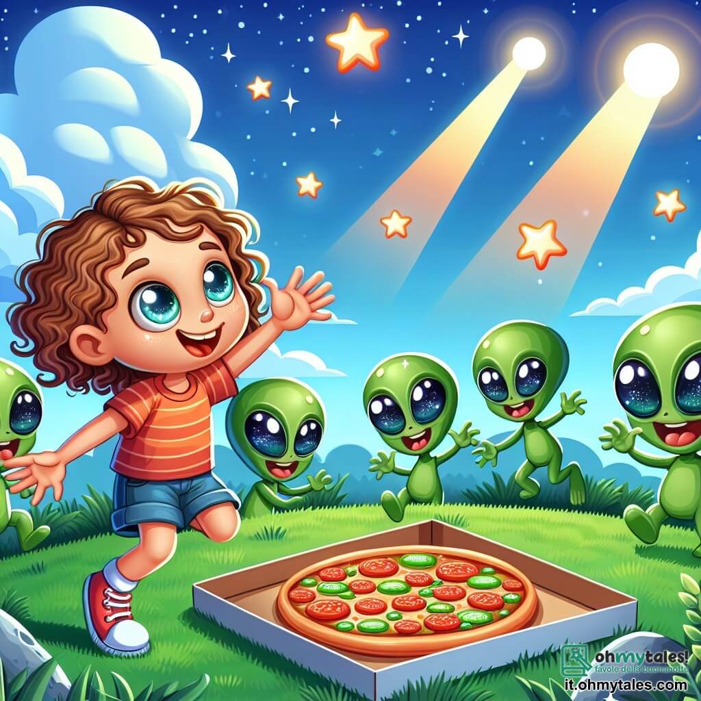 Une illustration sous forme de dessin destinée aux enfants représentant un champ verdoyant sous un ciel bleu parsemé de nuages blancs, où une fille de 7 ans aux cheveux bouclés et aux yeux pétillants, souriante et pleine d'énergie, joue avec un groupe d'extraterrestres aux peaux vertes et aux grands yeux brillants, qui sont en train de s'amuser à attraper des étoiles lumineuses flottantes dans l'air, tandis qu'une délicieuse pizza colorée est posée sur l'herbe à côté d'eux, créant une ambiance joyeuse et amicale.