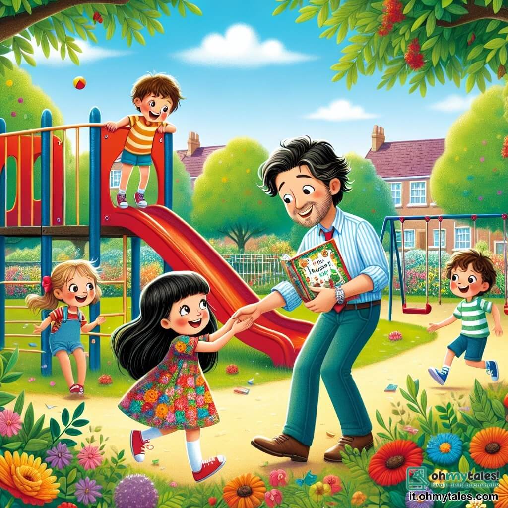 Illustrazione che rappresenta un parco soleggiato, pieno di verde lussureggiante e fiori colorati. Al centro, un grande parco giochi con uno scivolo rosso vivo e altalene che oscillano dolcemente nella brezza. In questa scena, ci sono quattro bambini: una ragazza di nove anni con capelli ricci e neri, indossa un vestito colorato e un grande sorriso, mentre porge un libro fatto a mano a suo padre. Accanto a lei, un'altra ragazza di nove anni con capelli biondi e lisci, vestita con una maglietta a righe, salta di gioia. Un ragazzo di dieci anni, con capelli castani arruffati e pantaloni corti blu, ride mentre gioca con un pallone. Infine, una ragazza di nove anni con capelli castani e occhiali, vestita con un abito a fiori, osserva con meraviglia. La scena principale mostra la ragazza sorridente che offre il libro dei ricordi a suo padre, un uomo sulla trentina con capelli bruni e una leggera barba, vestito con una camicia casual. Lui guarda la figlia con orgoglio e amore, mentre gli altri bambini si divertono intorno a loro. Sullo sfondo, palloni colorati fluttuano nell'aria e famiglie festeggiano la festa del papà, creando un'atmosfera gioiosa e festiva. Risate e voci riempiono l'aria, aggiungendo alla magia di questo momento speciale.
