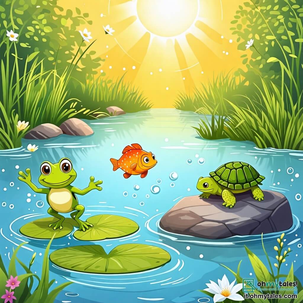 Une illustration sous forme de dessin destinée aux enfants représentant un lac ensoleillé entouré de verdure, avec une petite grenouille verte aux yeux pétillants qui saute joyeusement sur une feuille de nénuphar, tandis qu'un poisson coloré aux écailles brillantes nage en cercles autour d'elle, et une tortue au dos rayé, assise sur une pierre, qui tente de les imiter en glissant maladroitement dans l'eau, le tout dans une atmosphère ludique et amusante.