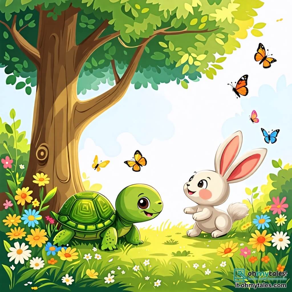 Une illustration sous forme de dessin destinée aux enfants représentant un parc ensoleillé avec de grands arbres verts et des fleurs colorées, où une petite tortue au carapace verte et aux yeux pétillants se repose sous un arbre, souriante et observant son ami, un coniglio aux grandes oreilles blanches et au pelage doux, qui s'apprête à sauter joyeusement pour jouer à cache-cache, tandis que des papillons virevoltent autour d'eux, créant une ambiance joyeuse et ludique.