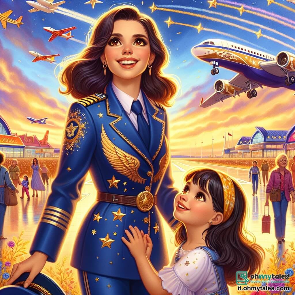 Une illustration destinée aux enfants représentant une femme pilote d'avion au sourire éclatant, vêtue d'une élégante combinaison bleue ornée d'étoiles dorées, prête à faire décoller son précieux aéronef aux ailes scintillantes, tandis que sa petite fille aux cheveux châtains, pleine d'émerveillement, observe avec des yeux brillants, dans un aéroport animé, entouré de hangars colorés, de grandes pistes brillantes sous le soleil doré et de nombreux avions aux couleurs vives qui dansent dans le ciel bleu.