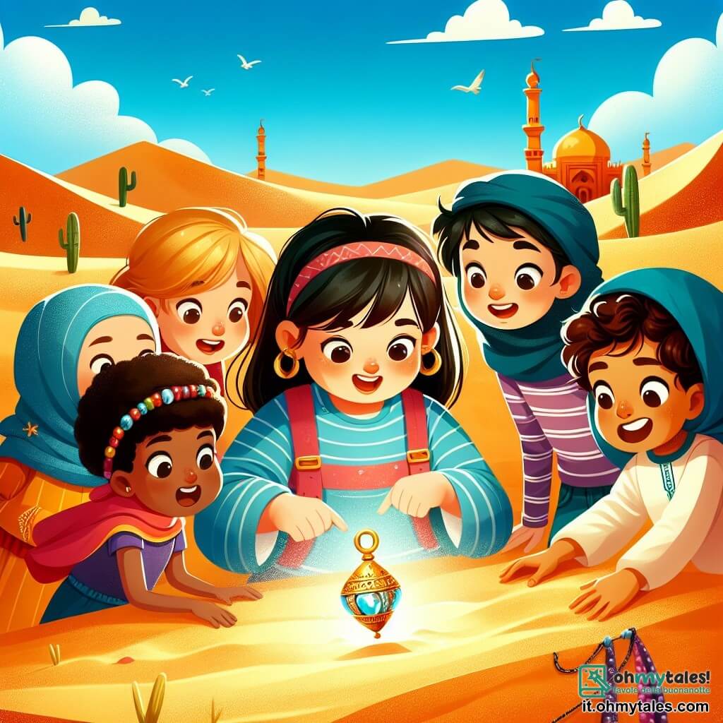 Une illustration destinée aux enfants représentant une petite fille intrépide, accompagnée de ses amis, découvrant un amulette magique dans un désert du Sahara, entourés de dunes de sable doré et d'un ciel bleu azur.