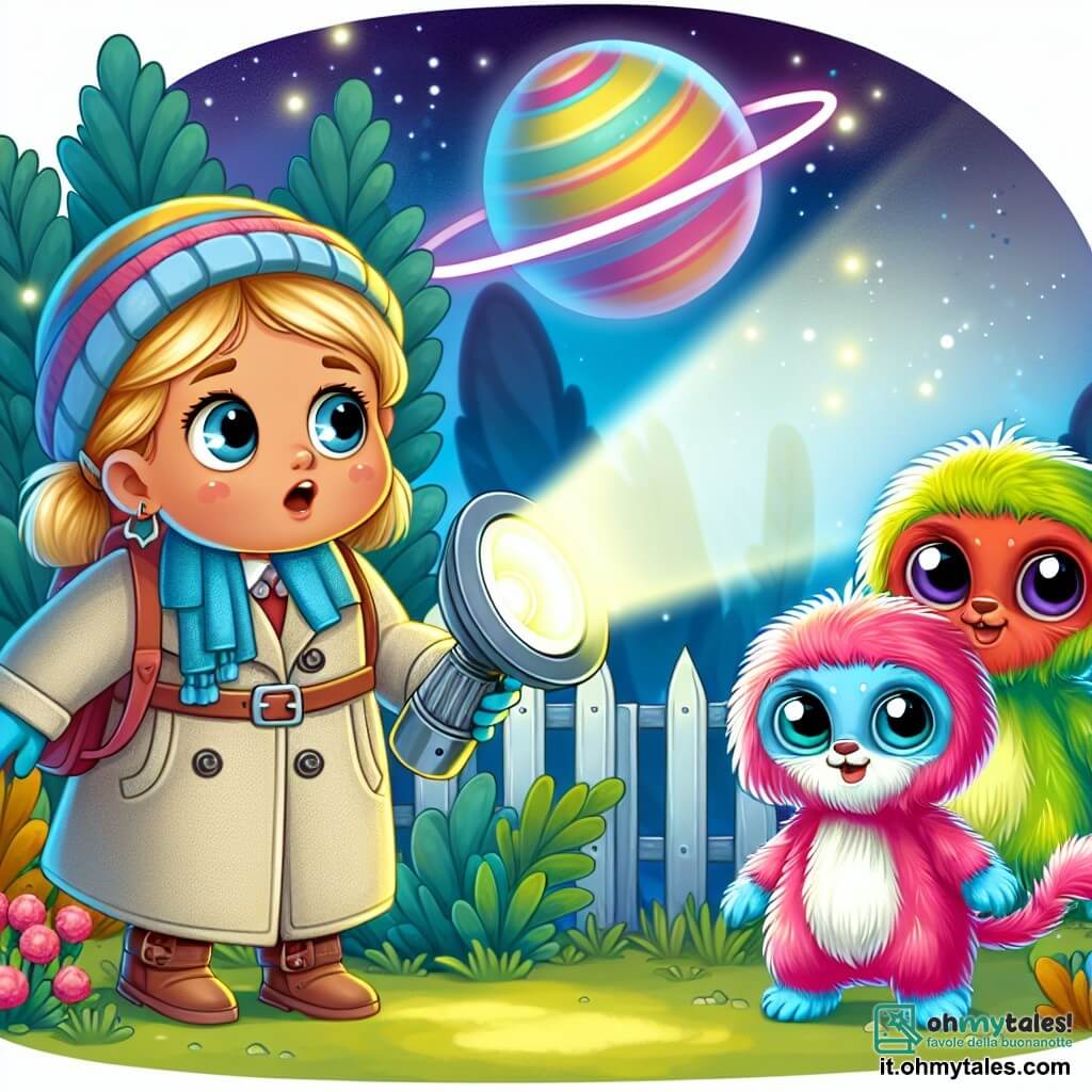 Une illustration destinée aux enfants représentant une jeune fille curieuse découvrant un étrange dispositif lumineux dans son jardin, accompagnée par deux adorables extraterrestres à la fourrure colorée, sur un mystérieux et coloré planète alien.