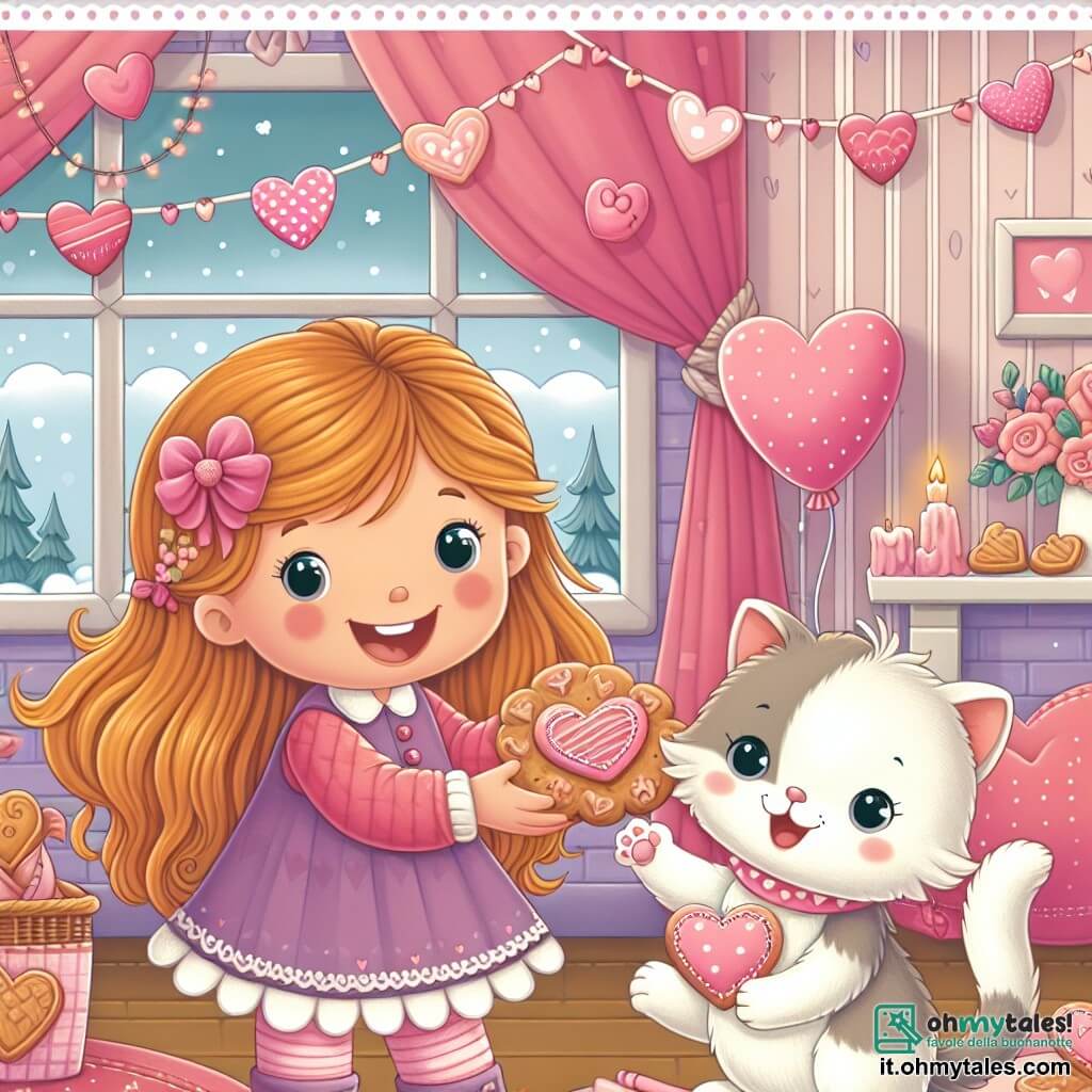 Une illustration destinée aux enfants représentant une fillette joyeuse, offrant des biscuits en forme de cœur à son amie, accompagnée d'un adorable chaton, dans une maison chaleureuse décorée de guirlandes de cœurs et de ballons roses.