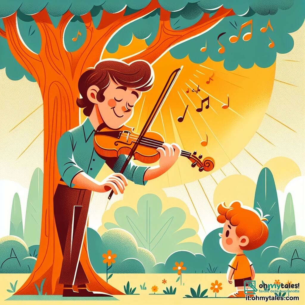 Une illustration destinée aux enfants représentant un jeune homme au sourire radieux, jouant du violon sous un arbre majestueux, accompagné d'un enfant curieux, dans un parc ensoleillé de la charmante ville de Soleluna.
