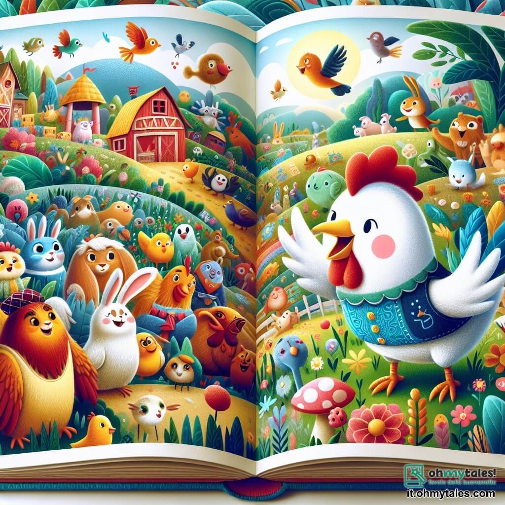 Une illustration destinée aux enfants représentant une joyeuse poule curieuse dans une ferme colorée, découvrant un monde magique rempli d'animaux parlants, accompagnée d'un charmant lapin en costume bleu, dans la Città degli Animali.