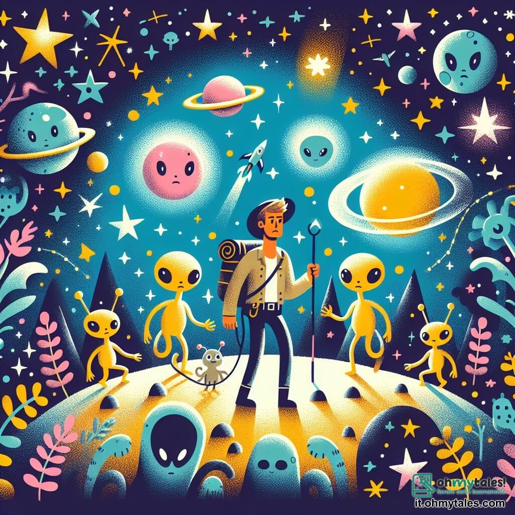Une illustration destinée aux enfants représentant un homme intrépide, perdu dans l'immensité de l'espace, accompagné de créatures extraterrestres adorables, explorant un mystérieux et coloré royaume céleste rempli d'étoiles scintillantes et de planètes chatoyantes.