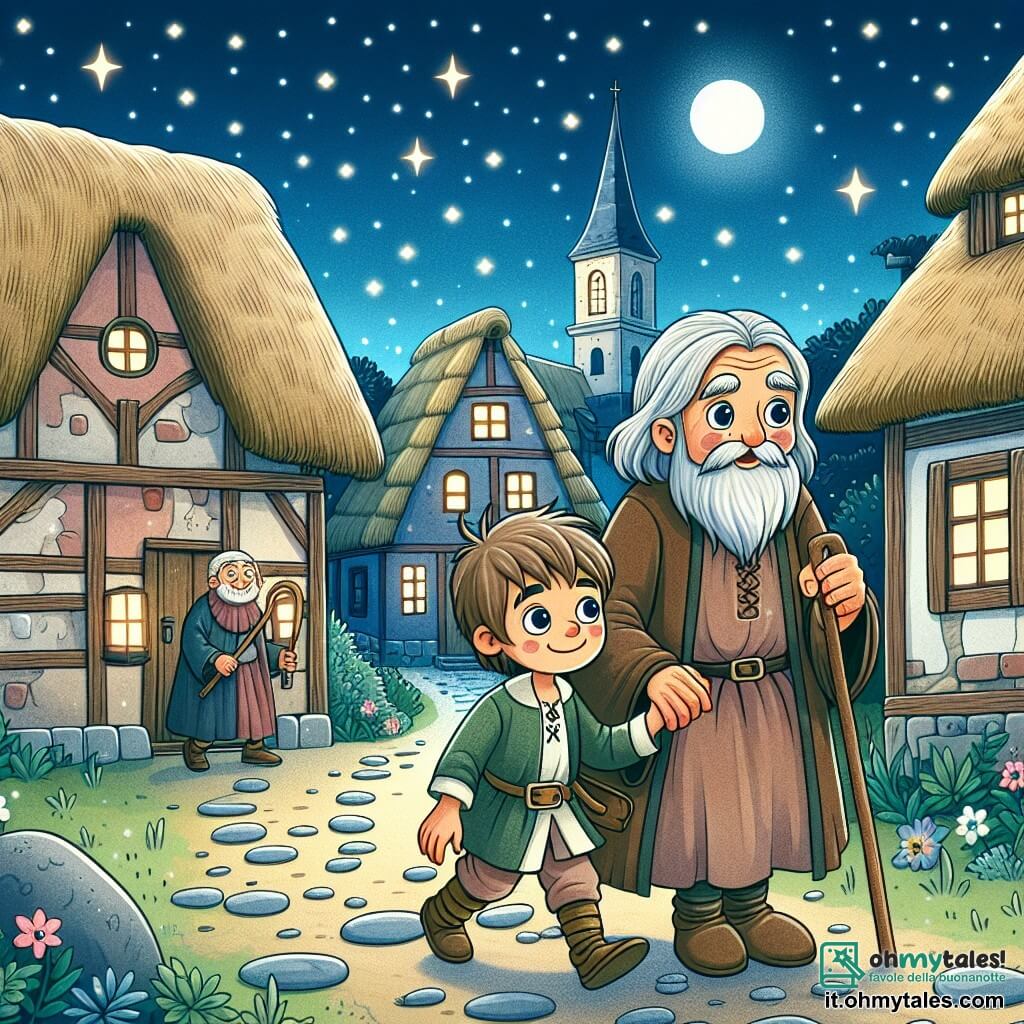 Une illustration destinée aux enfants représentant un jeune garçon curieux voyageant dans le temps, accompagné d'un sage vieillard, à travers un village ancien aux maisons di paglia e alle strade acciottolate, sous un ciel stellato.