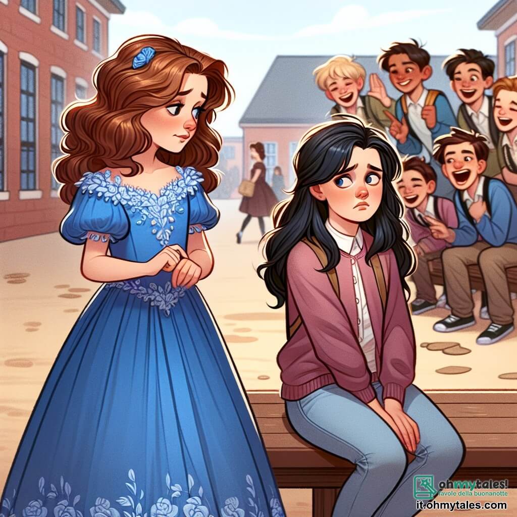 Une illustration sous forme de dessin destinée aux enfants représentant une cour d'école animée, avec une fille de 11 ans aux cheveux châtains ondulés, portant un joli vêtement bleu, qui s'approche timidement d'une autre fille aux cheveux noirs en queue de cheval, assise sur un banc avec un air triste, tandis qu'un groupe de garçons aux expressions moqueuses se tient à l'écart, riant et chuchotant, illustrant le moment où la première fille décide de défendre son amie contre le harcèlement, avec des couleurs vives et un style doux pour transmettre à la fois la tension et l'espoir d'une amitié naissante.