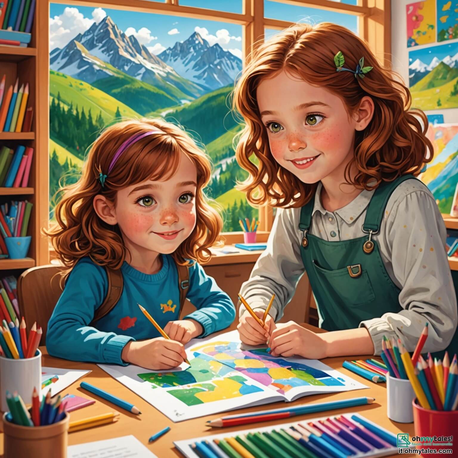 Une illustration destinée aux enfants représentant une petite fille aux cheveux châtains et aux yeux pétillants, assise à son bureau rempli de crayons de couleur éparpillés, plongée dans la création d'un magnifique dessin de paysage montagnard, tandis qu'à côté d'elle, sa meilleure amie aux boucles dorées l'encourage avec un sourire éclatant, le tout se déroulant dans une chambre lumineuse aux murs tapissés de dessins colorés et de posters d'artistes célèbres, où la lumière du soleil filtre à travers les rideaux fleuris, créant une atmosphère chaleureuse et inspirante.
