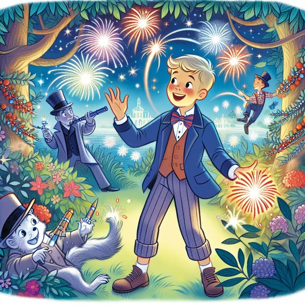 Une illustration destinée aux enfants représentant un jeune garçon plein d'enthousiasme, faisant face à la mystérieuse disparition de ses feux d'artifice, avec l'aide de ses amis, dans un jardin enchanté illuminé par les lumières scintillantes de la fête du nouvel an.