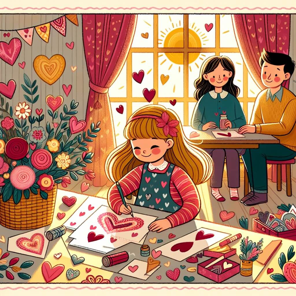 Une illustration destinée aux enfants représentant une petite fille, entourée de cœurs et de fleurs, préparant des cartes de Saint-Valentin avec sa famille dans un salon chaleureux et coloré, tandis que le soleil brille à travers les fenêtres.