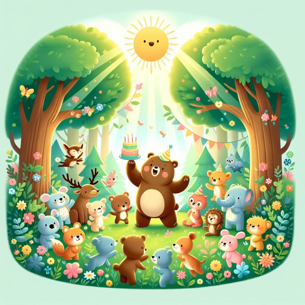 Une illustration destinée aux enfants représentant un adorable ours qui organise une grande fête dans une forêt enchantée, entouré de ses amis animaux, parmi les arbres majestueux, les fleurs colorées et les rayons de soleil qui filtrent à travers les feuilles.