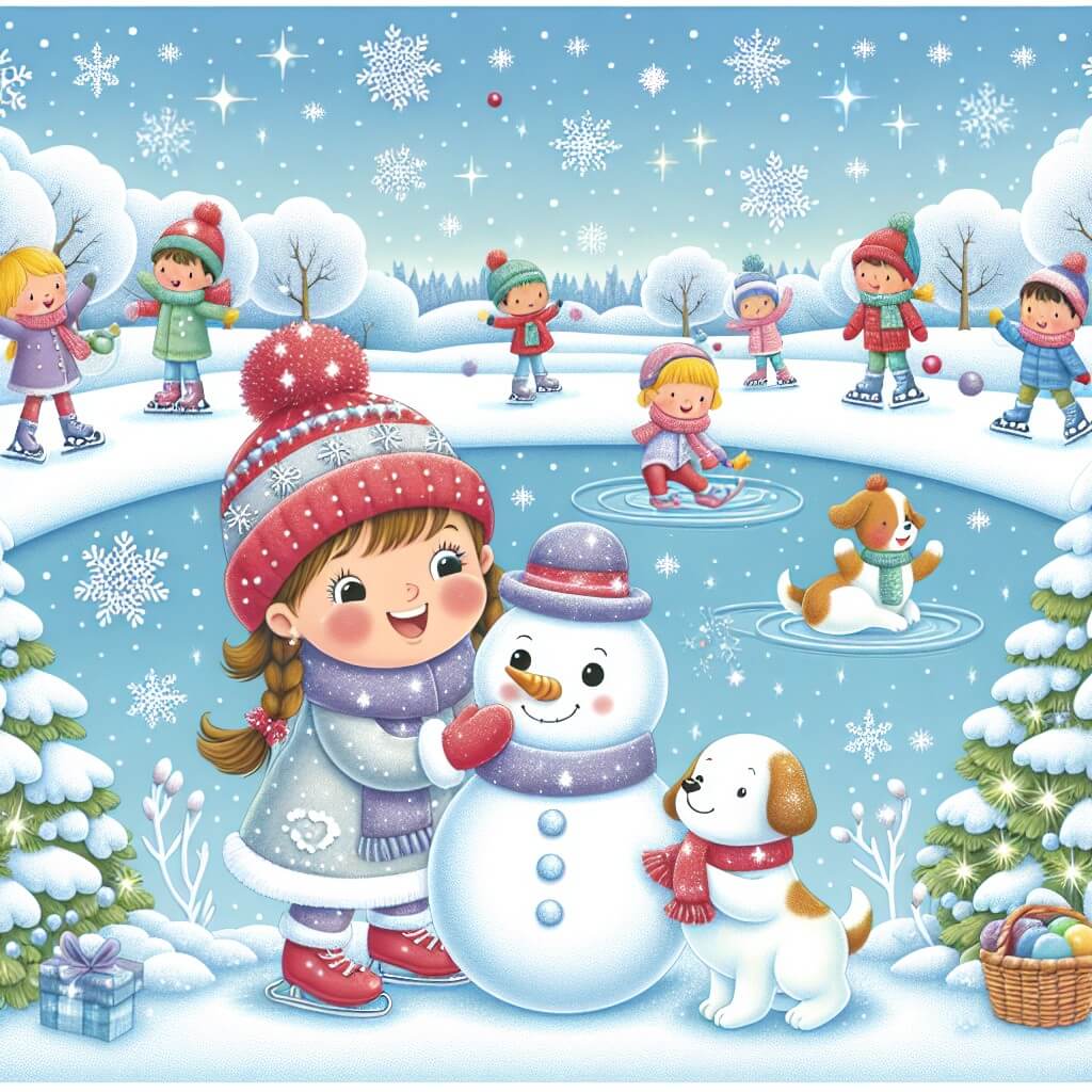 Une illustration destinée aux enfants représentant une petite fille joyeuse, entourée de flocons de neige scintillants, construisant un bonhomme de neige avec l'aide de son chien fidèle, dans un paisible parc enneigé bordé d'arbres aux branches givrées et d'un lac gelé où les enfants patinent avec enthousiasme.