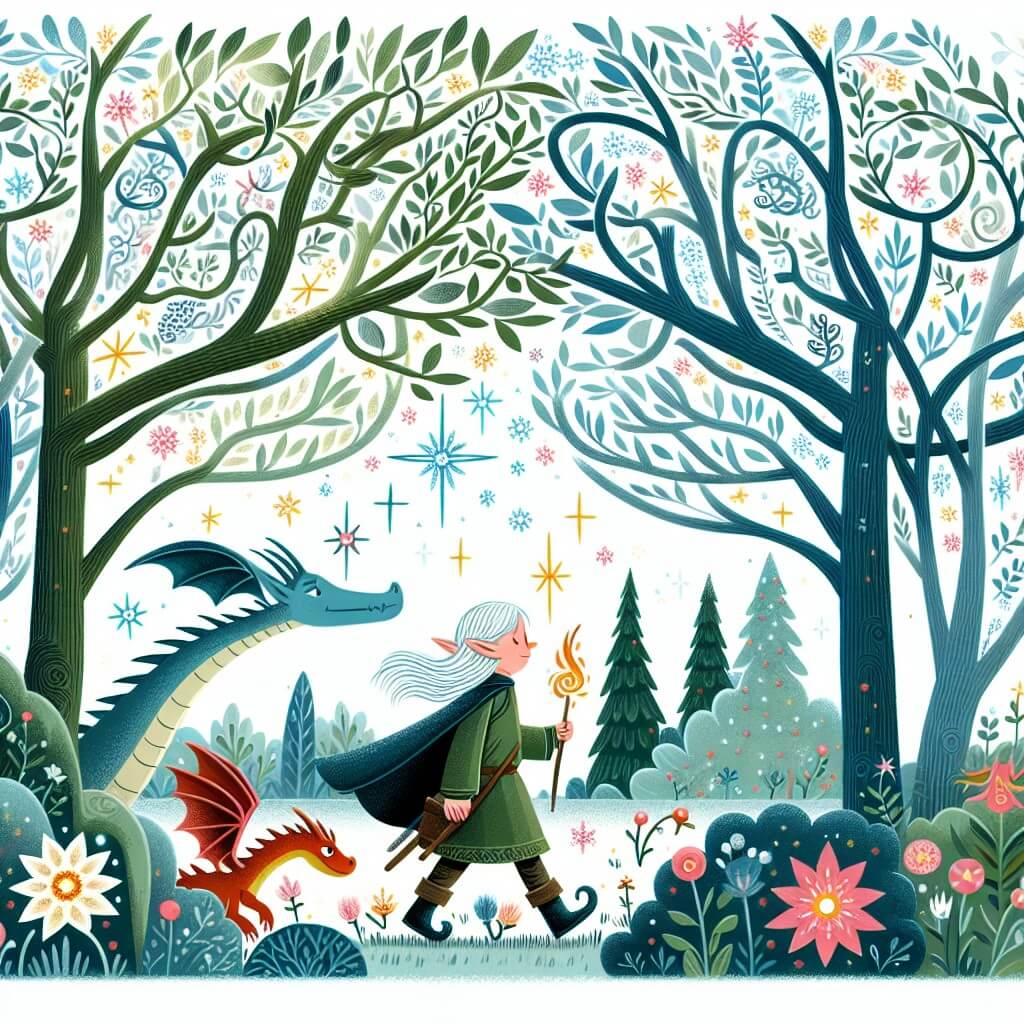 Une illustration destinée aux enfants représentant un(e) elfe mystérieux(se) se promenant dans une forêt enchantée, accompagné(e) d'un dragon curieux, au milieu d'arbres majestueux aux branches entrelacées, où les fleurs brillent comme des étoiles et les animaux fantastiques jouent joyeusement.
