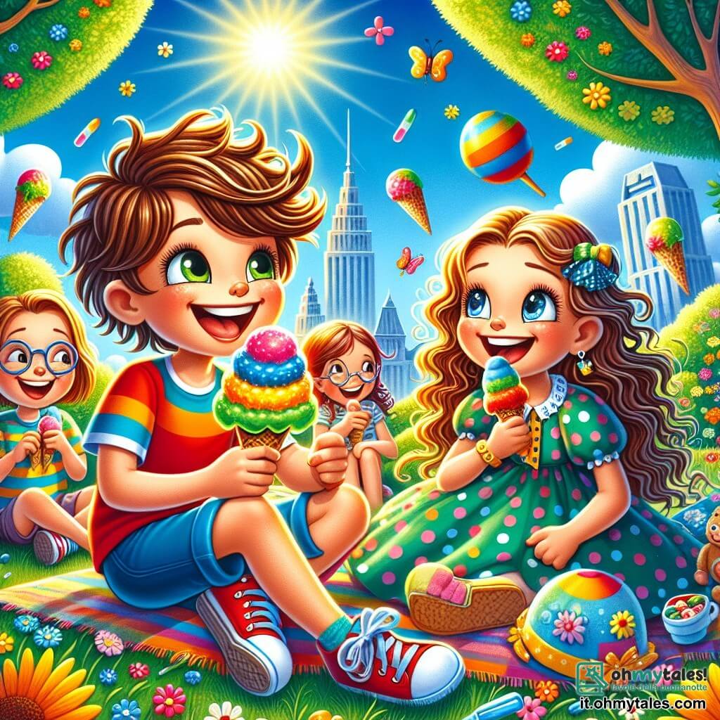 Illustrazione che rappresenta una scena colorata in un parco soleggiato, con alberi verdi dalle foglie brillanti e fiori multicolori che danzano nella brezza. Al centro, un ragazzo di 11 anni con capelli castani arruffati, indossa una maglietta rossa e pantaloni corti blu, sorridendo entusiasta mentre tiene un grande cono di gelato multicolore. Accanto a lui, una ragazza di 11 anni con capelli lunghi e ricci, vestita con un abito a pois, lo osserva con occhi scintillanti, tenendo un piccolo bicchiere di gelato. Un altro ragazzo di 11 anni, con occhiali e una maglietta a righe, è seduto sull'erba, ridendo e gustando un gelato a forma di cono. La scena principale mostra i tre amici che assaporano il loro gelato mentre ascoltano le storie divertenti di un mago vestito con un mantello colorato, che si trova nelle vicinanze, con un grande sorriso e un cilindro. Risate e bolle di gioia fluttuano attorno a loro, mentre un sole radioso splende nel cielo blu, aggiungendo un'atmosfera gioiosa e magica a questa scena di festa.