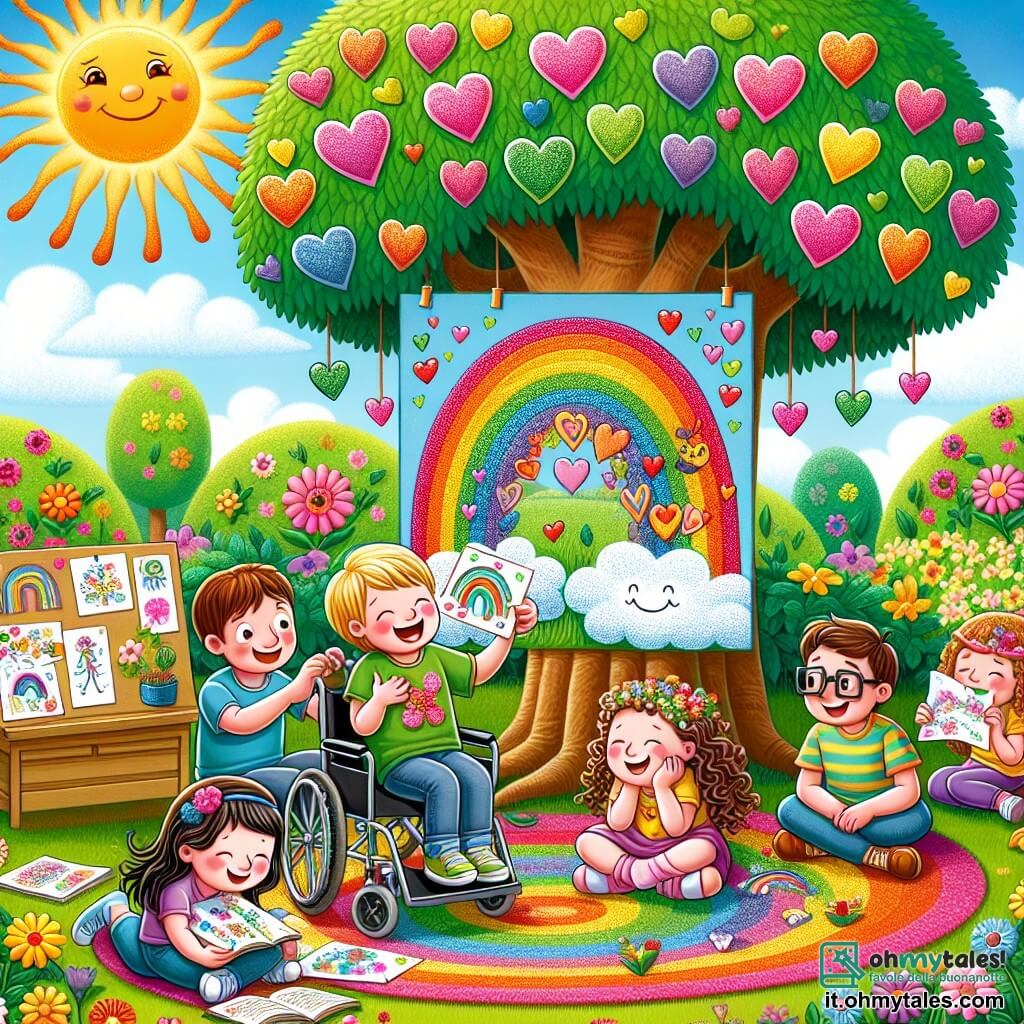 Illustrazione che rappresenta un giardino soleggiato di Fantasiolandia, pieno di fiori colorati e di un grande albero con foglie verdi brillanti. Al centro, una grande tovaglia colorata è stesa sull'erba, decorata con disegni di arcobaleni e cuori. Un ragazzo di circa 8 anni, con capelli castani e occhiali, è seduto su una sedia a rotelle, sorridendo gioiosamente mentre tiene un disegno di arcobaleno. Accanto a lui, una ragazza di 7 anni, con capelli ricci e un grande sorriso, aggiunge cuori rosa a un disegno appeso all'albero. Un altro ragazzo di 9 anni, con capelli biondi e un libro in mano, legge una poesia ad alta voce, mentre una ragazza di 6 anni, con un cappello di fiori, estrae biscotti brillanti da un cesto. La scena mostra i bambini circondati dai loro papà, che li guardano con meraviglia e tenerezza. Risate e sorrisi illuminano i loro volti, mentre un piccolo drago colorato, fluttuando nell'aria, soffia bolle di fumo scintillanti. Stelle iniziano a comparire nel cielo, aggiungendo un tocco magico a questo momento di festa e felicità condivisa.
