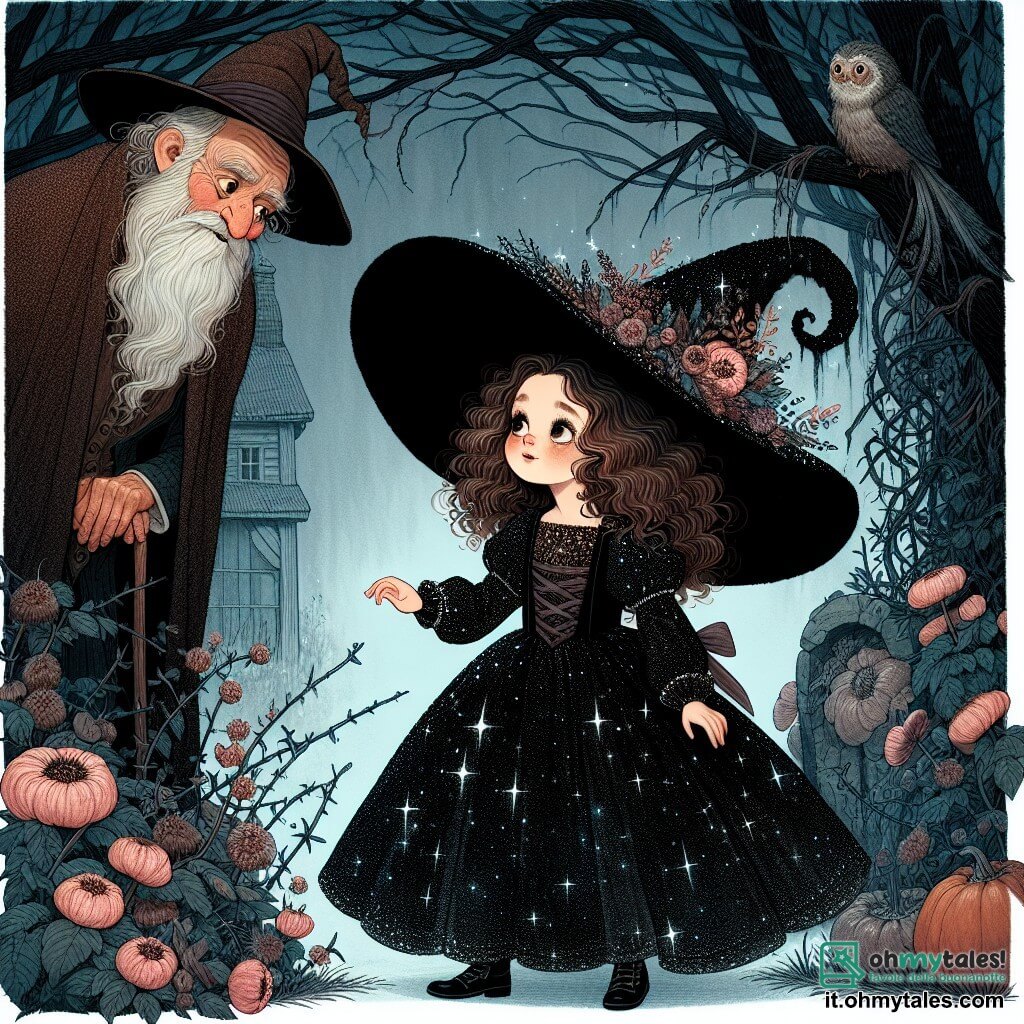 Une illustration destinée aux enfants représentant une petite fille aux cheveux bouclés, vêtue d'une robe noire scintillante et d'un grand chapeau de sorcière, qui se tient courageusement devant un vieux jardin mystérieux, envahi par des ronces et des fleurs fanées, où un homme âgé au long manteau et à la barbe blanche, mystérieux et sage, l'observe avec bienveillance, alors qu'elle s'apprête à vivre une aventure magique durant la nuit d'Halloween.