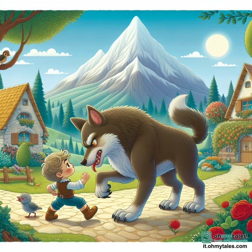 Une illustration destinée aux enfants représentant un petit garçon courageux affrontant un grand loup cattivo, avec un petit oiseau blessé comme personnage secondaire, dans un village pittoresque entouré d'une montagne majestueuse et d'un jardin fleuri.