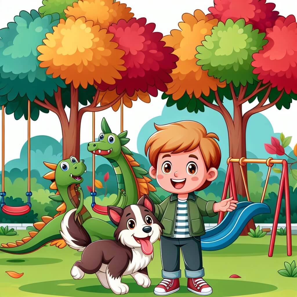 Une illustration destinée aux enfants représentant un petit garçon espiègle, accompagné de son meilleur ami, un chien joyeux, dans un parc verdoyant avec des arbres aux feuilles multicolores, des balançoires et un toboggan en forme de dragon.