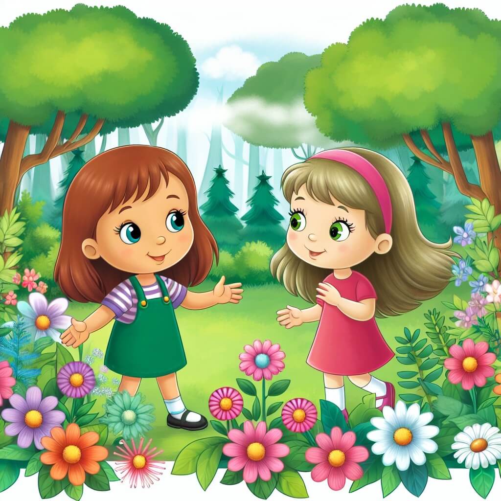 Une illustration destinée aux enfants représentant une petite fille curieuse et énergique, se liant d'amitié avec une autre fille dans un parc verdoyant entouré de grands arbres et de fleurs colorées.
