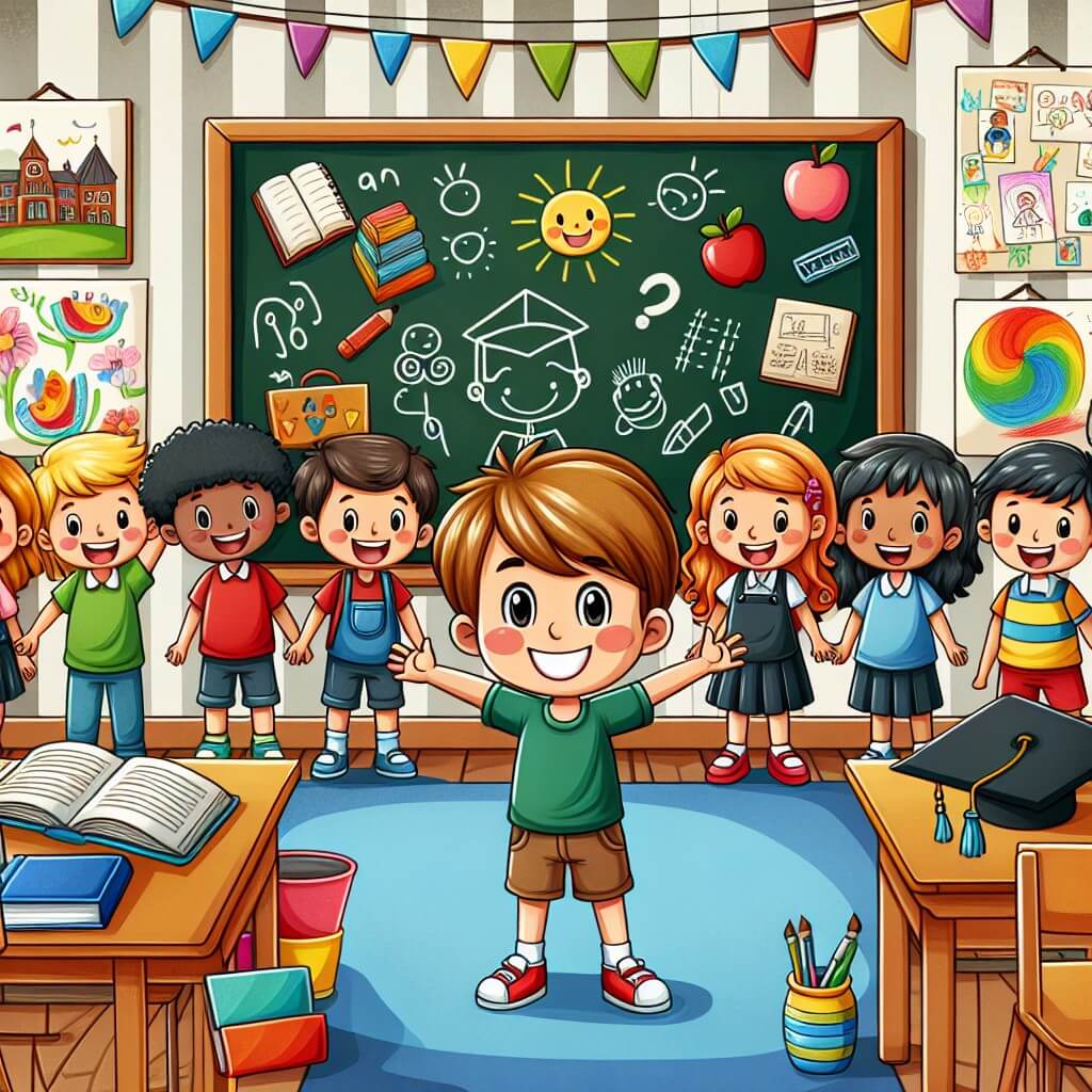 Une illustration destinée aux enfants représentant un jeune garçon joyeux, entouré de ses amis, dans une salle de classe colorée remplie de livres, de tableaux et de dessins accrochés aux murs, prêt à dire au revoir à son école avant les vacances estivales.