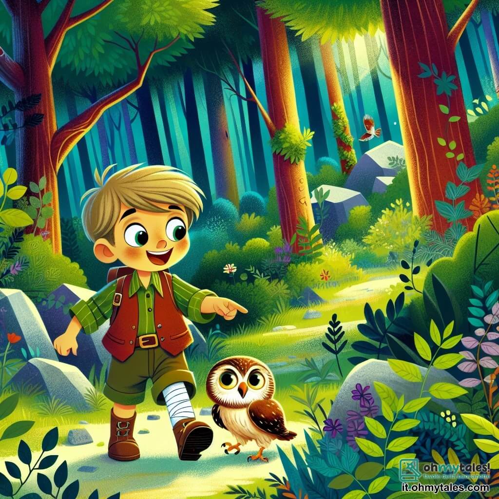 Une illustration destinée aux enfants représentant un petit garçon curieux et plein d'énergie, accompagné d'un petit gufo blessé, explorant un bosco verde e rigoglioso.