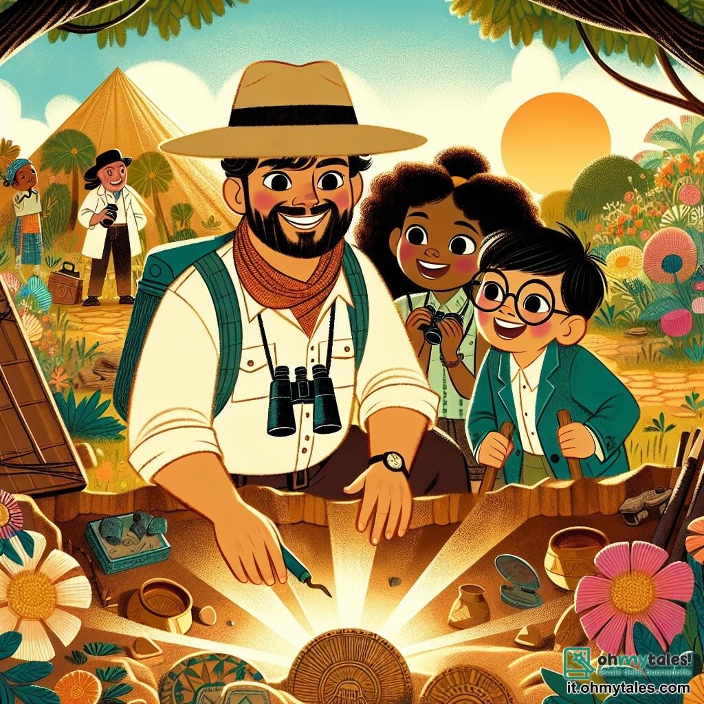 Une illustration destinée aux enfants représentant un homme au sourire chaleureux, vêtu d'un chapeau d'explorateur et d'une chemise en toile, qui, entouré de deux enfants aux yeux pétillants de curiosité, une fille aux cheveux bouclés et un garçon avec un binocle autour du cou, se penche avec enthousiasme sur un terrain de fouilles ensoleillé, parsemé de fleurs colorées et d'arbres majestueux, où l'on peut apercevoir des outils d'archéologie éparpillés, des morceaux de poterie ancienne et un grand tendone qui abrite des trésors du passé, tandis qu'ils découvrent ensemble les secrets d'une villa antique, pleine d'histoires oubliées et de mystères à élucider.