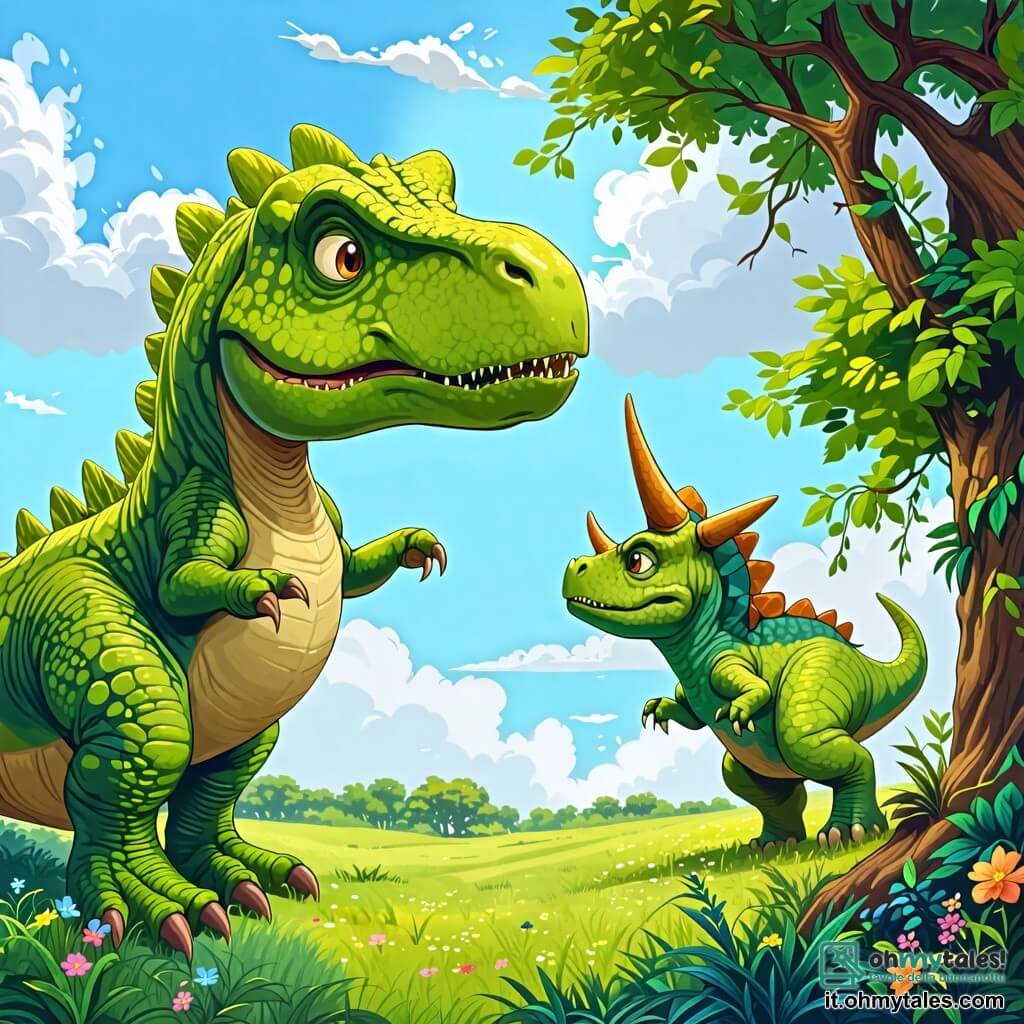 Une illustration sous forme de dessin destinée aux enfants représentant une vaste prairie verdoyante sous un ciel bleu éclatant, où un grand Tyrannosaure Rex au corps musclé et à la tête massive, avec des écailles vertes et des petits bras, regarde avec émerveillement une petite Tricératops aux trois cornes, au pelage vert vif, qui grimpe joyeusement sur un arbre majestueux, tandis qu'ils partagent un moment de joie et d'amitié en jouant ensemble dans un monde préhistorique coloré.