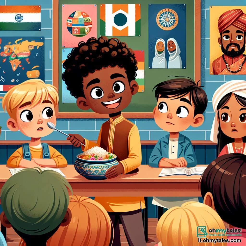 Une illustration sous forme de dessin destinée aux enfants représentant une salle de classe colorée, avec des affiches sur les cultures du monde accrochées aux murs, où un garçon de 11 ans aux cheveux noirs et bouclés, souriant et enthousiaste, présente un plat indien à ses camarades, tandis qu'une fille aux cheveux blonds et une peau claire, ainsi qu'un garçon d'origine asiatique aux cheveux lisses et noirs, l'écoutent avec curiosité, illustrant un moment de partage et d'apprentissage sur la diversité culturelle et l'importance de l'inclusion.