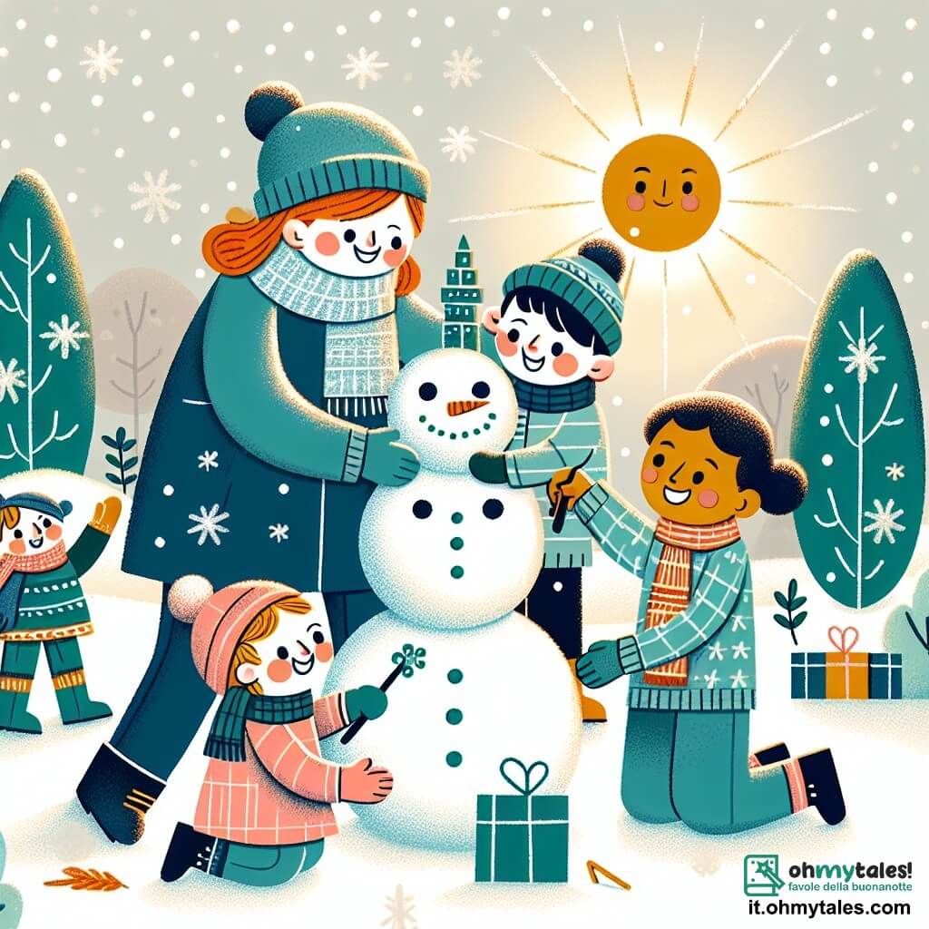 Une illustration destinée aux enfants représentant une petite fille joyeuse construisant un adorable pupazzo di neve con la sua mamma, accompagnée de ses amici Giulia e Matteo, dans un cortile enneigé baciato dal sole d'inverno.