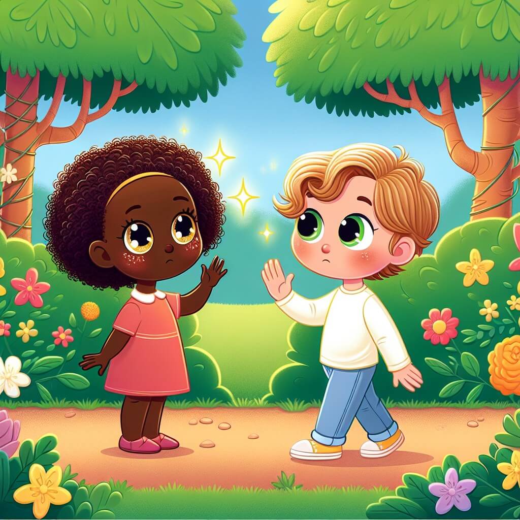 Une illustration destinée aux enfants représentant une petite fille avec des cheveux bouclés et des yeux pétillants, confrontée à des commentaires méchants en raison de la couleur de sa peau, accompagnée d'une amie dans un parc verdoyant avec des arbres majestueux et des fleurs colorées.