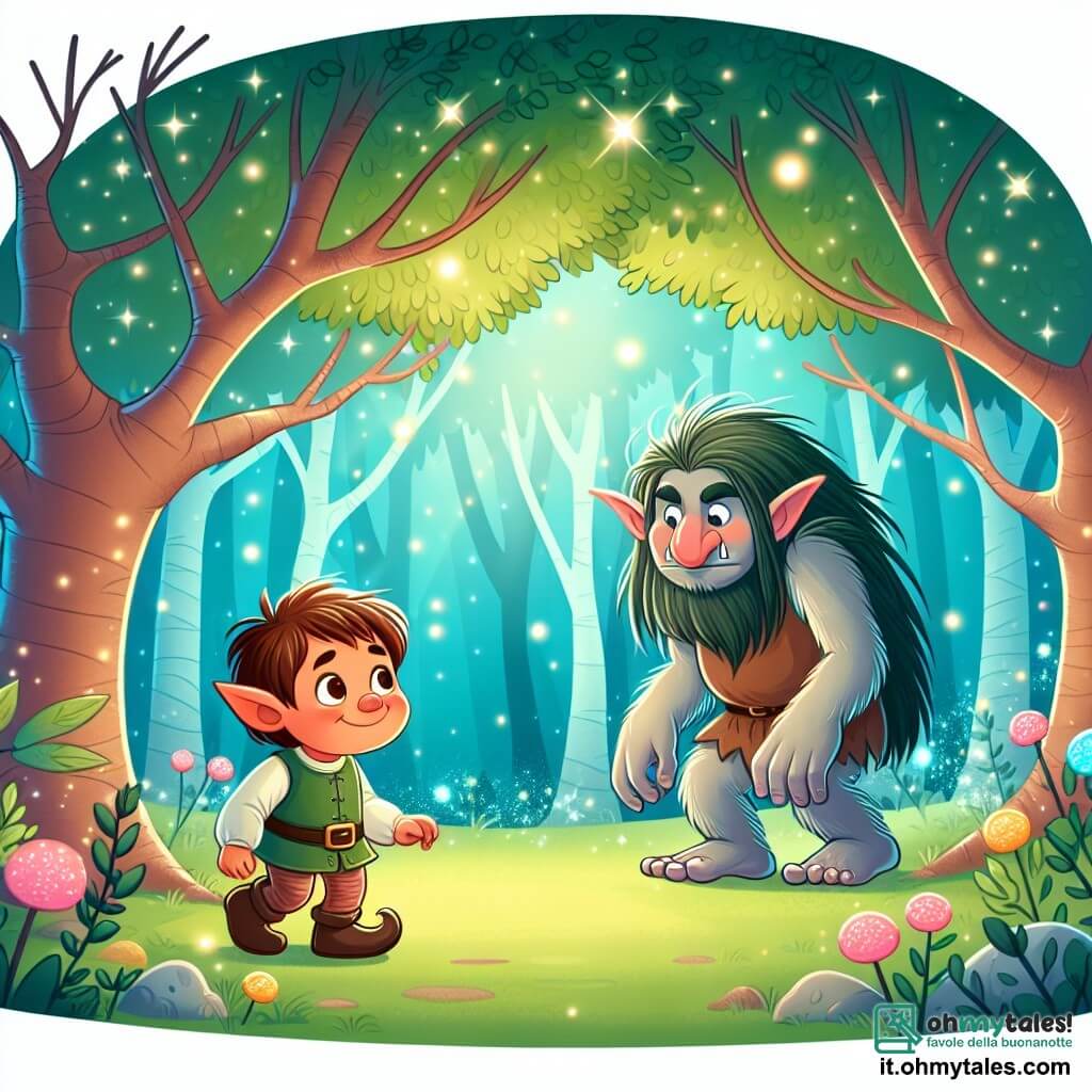 Une illustration destinée aux enfants représentant un jeune elfe curieux et un troll solitaire se rencontrant dans le Bosco Incantato, un lieu magique rempli d'arbres enchantés et de fleurs scintillantes.