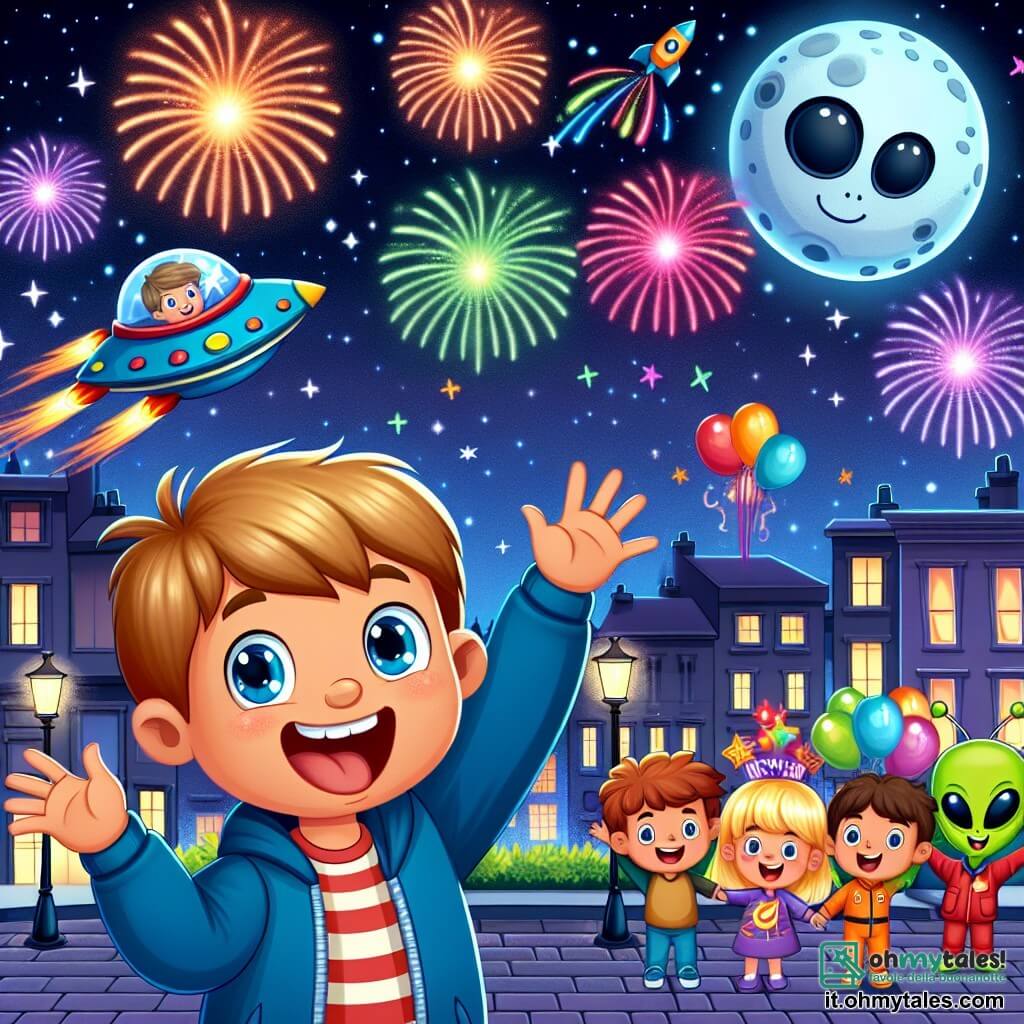 Une illustration destinée aux enfants représentant un garçon tout excité pour la fête du nouvel an, avec des amis et des extraterrestres sympathiques, dans une piazza illuminée par des feux d'artifice colorés et une astronave spaziale.