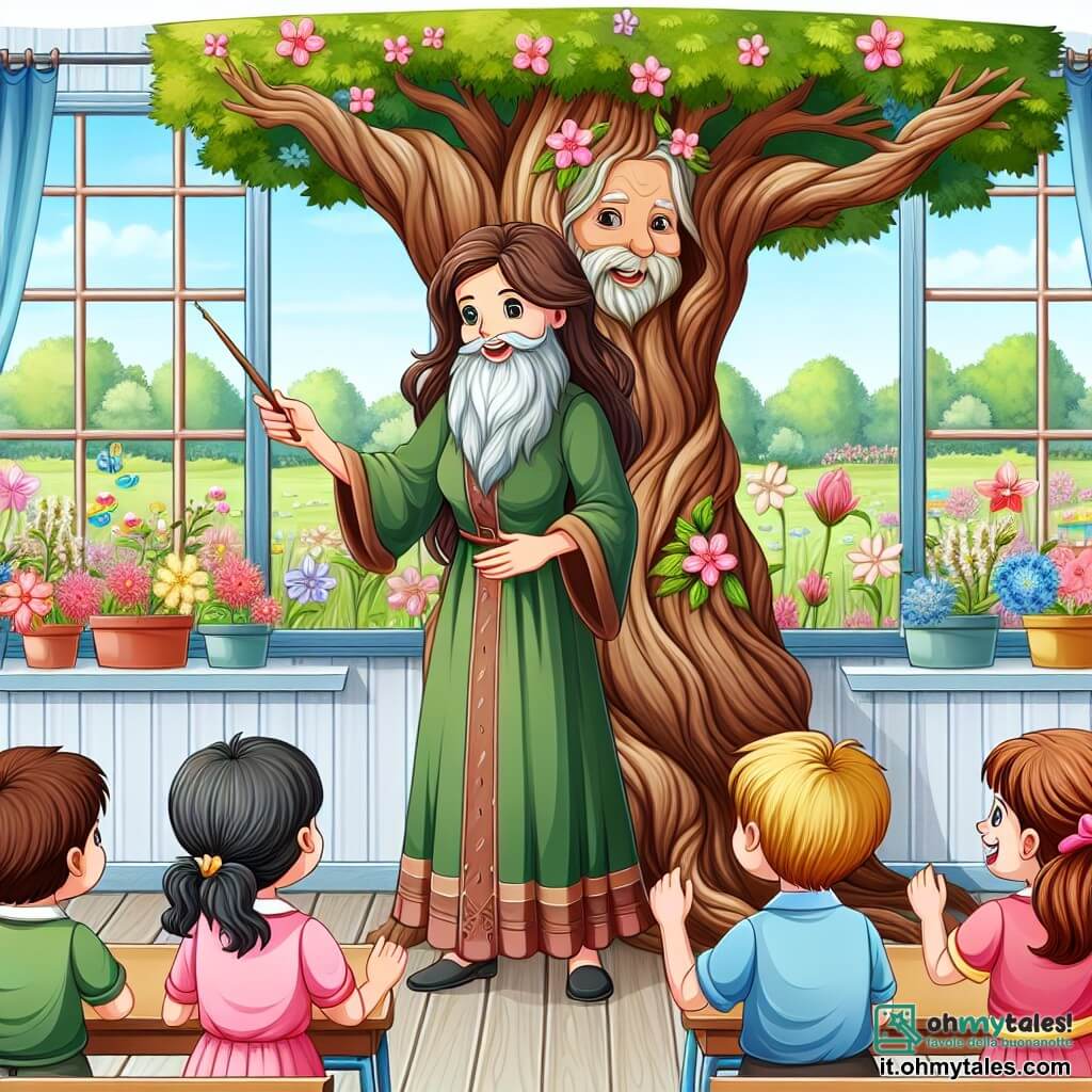 Une illustration destinée aux enfants représentant une institutrice douce aux cheveux bruns, enseignant à des enfants enthousiastes, accompagnée d'un vieux arbre sage, dans une salle de classe lumineuse avec des fenêtres donnant sur un jardin fleuri.